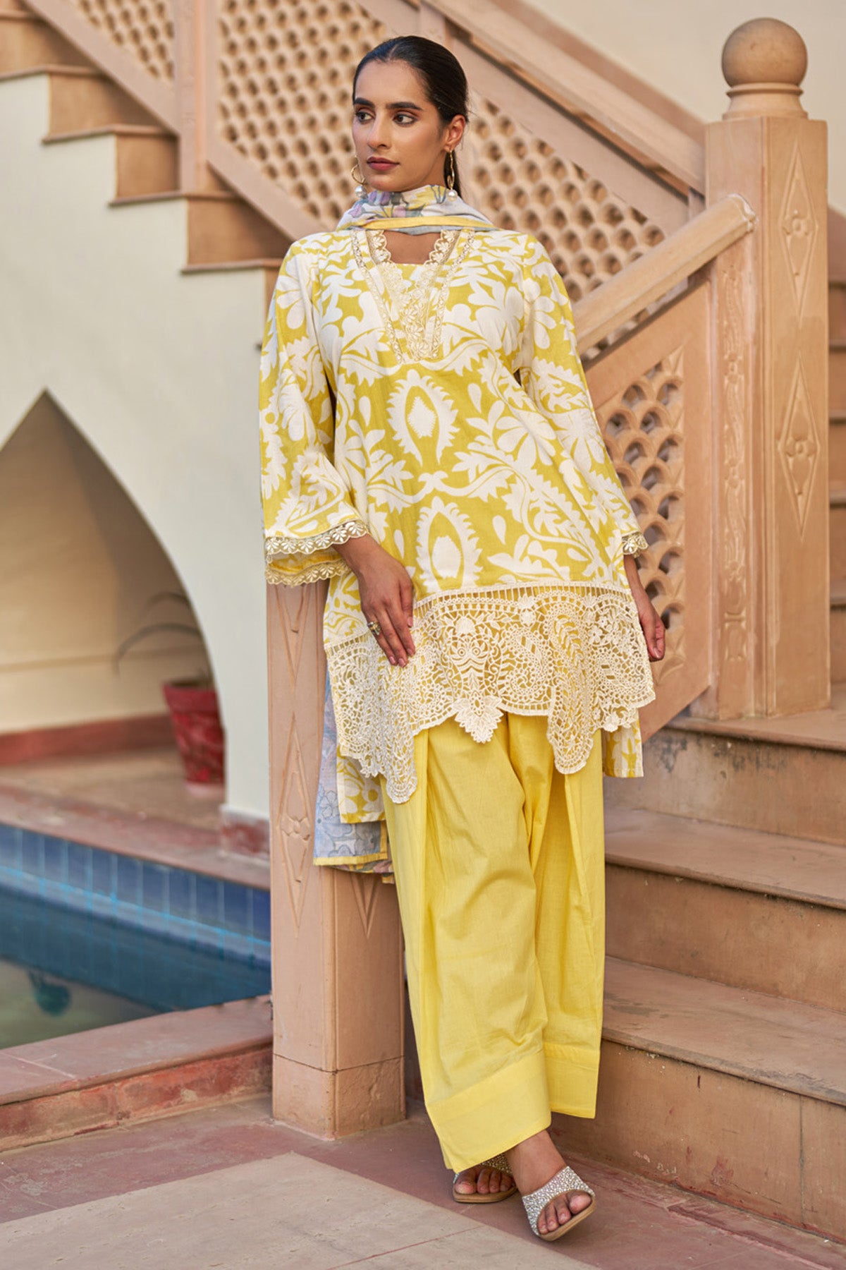 Yellow cotton embroidered Farshi Suit Set With Dupatta