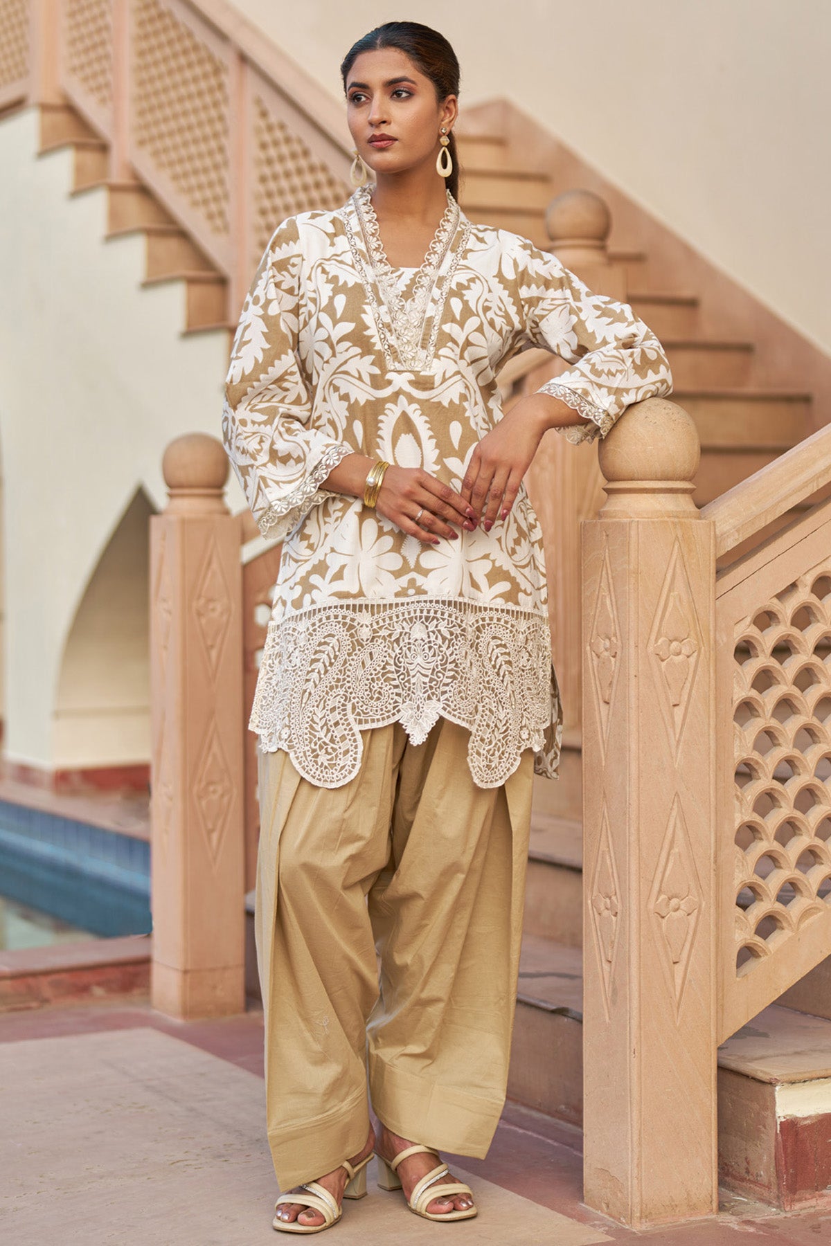 Brown cotton embroidered Farshi Suit Set With Dupatta