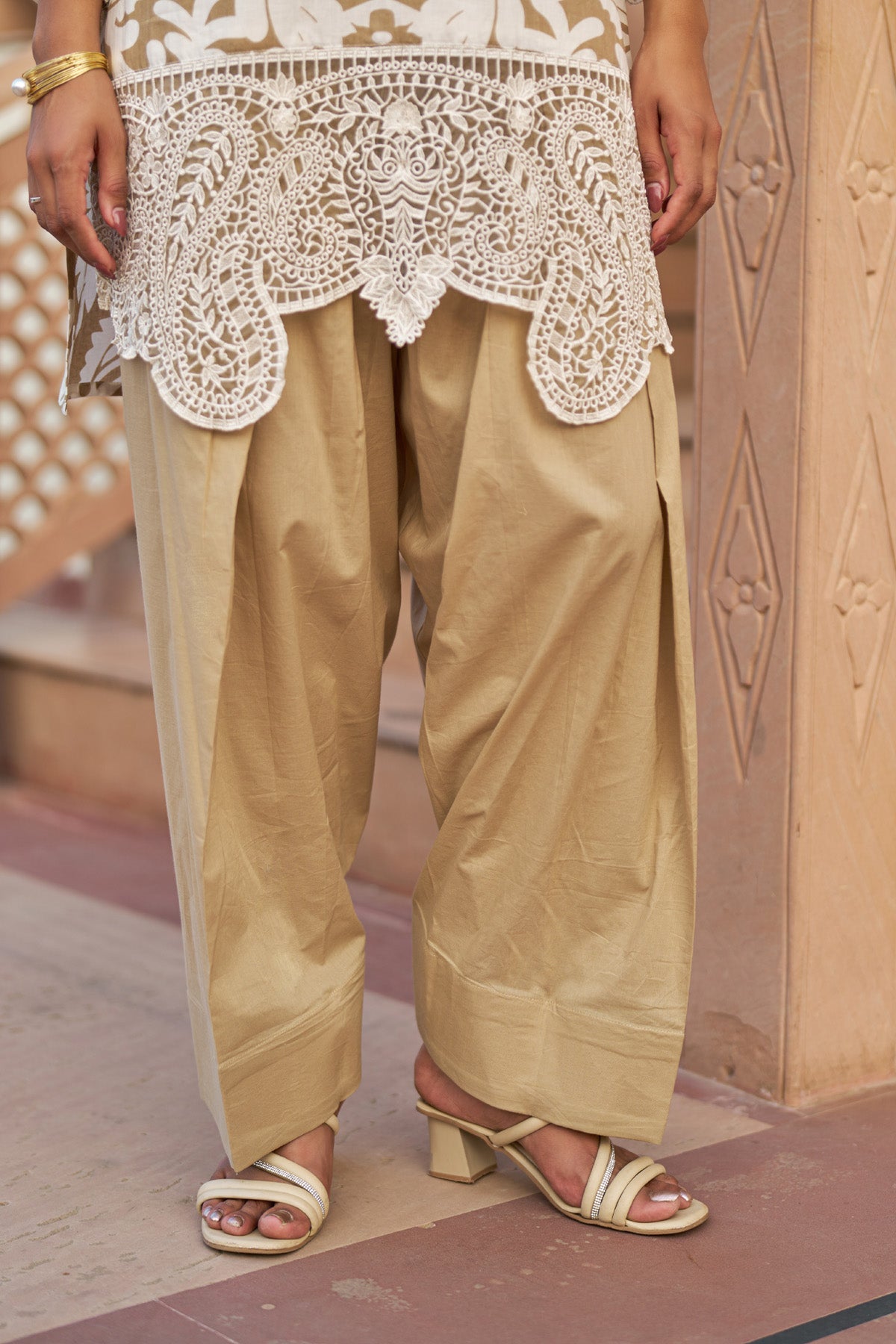 Brown cotton embroidered Farshi Suit Set With Dupatta