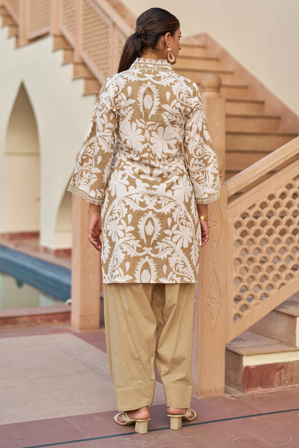 Brown cotton embroidered Farshi Suit Set With Dupatta