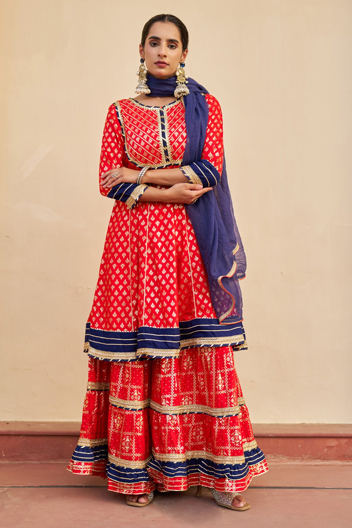 Red Rayon Gotapatti Sharara Set With Dupatta