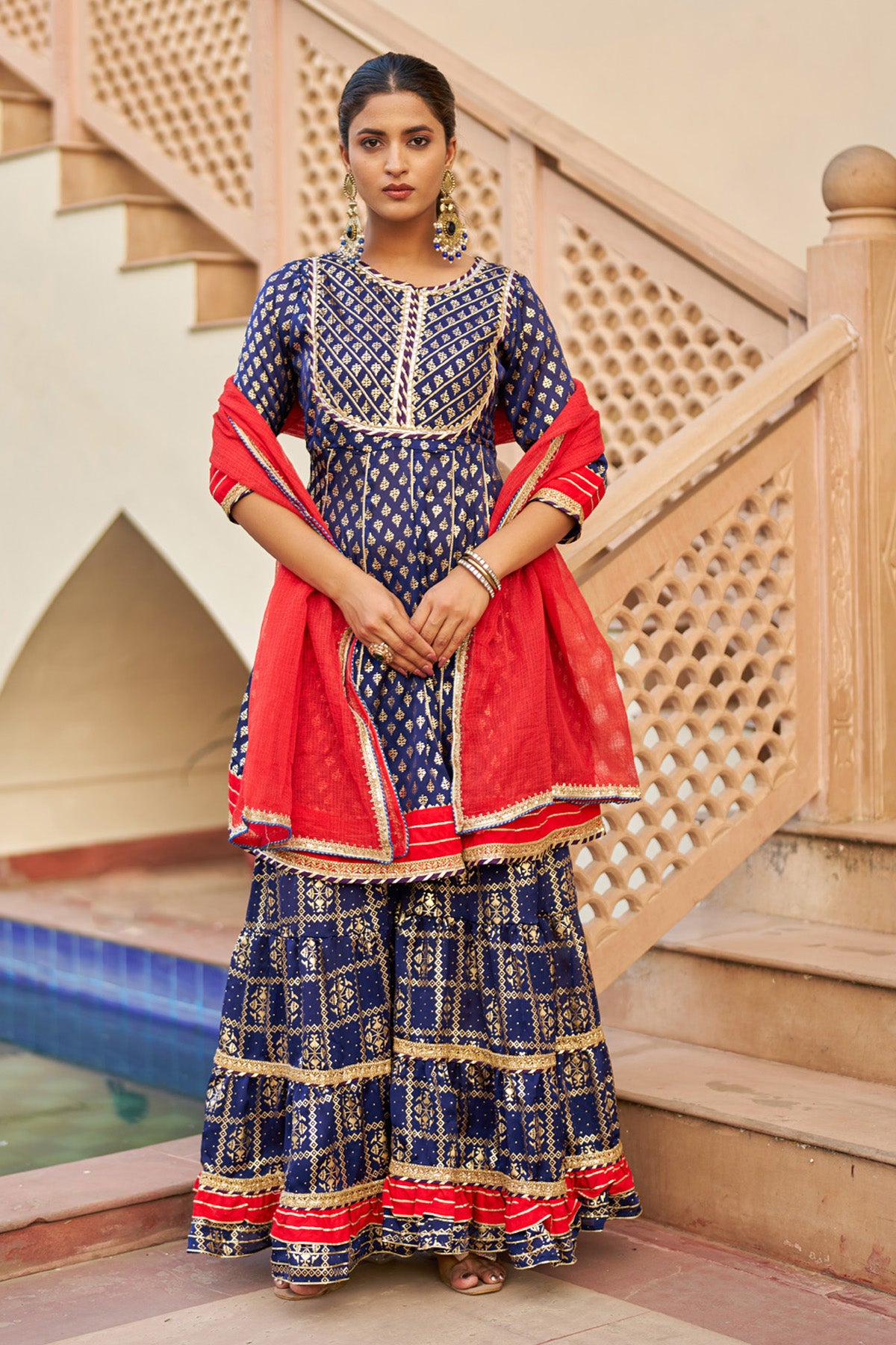 Blue Rayon Gotapatti Sharara Set With Dupatta