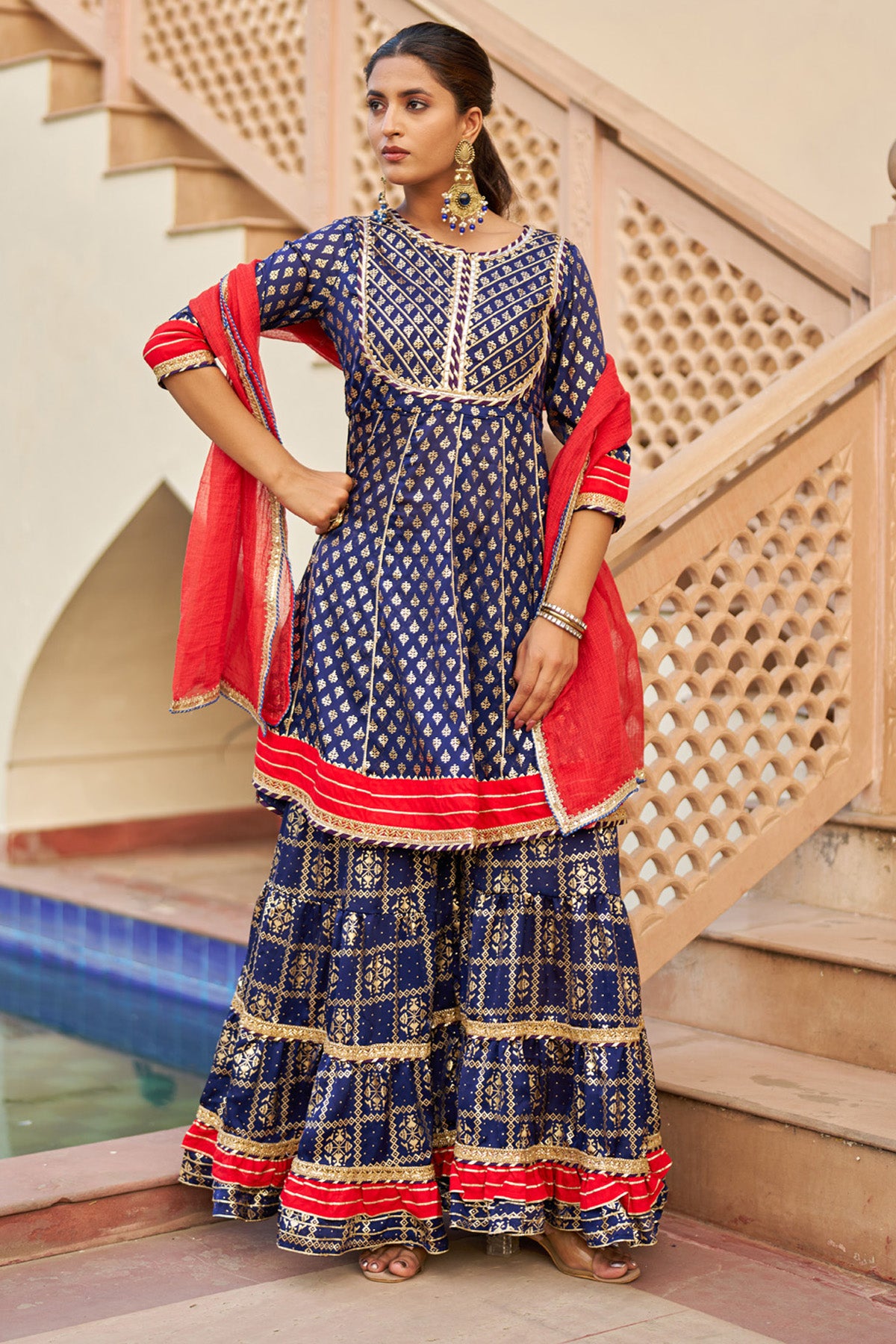 Blue Rayon Gotapatti Sharara Set With Dupatta