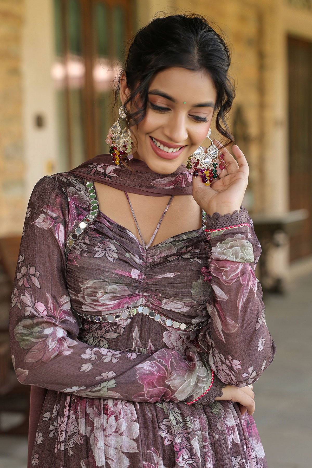 Woman wearing a floral dress with a blurred background
