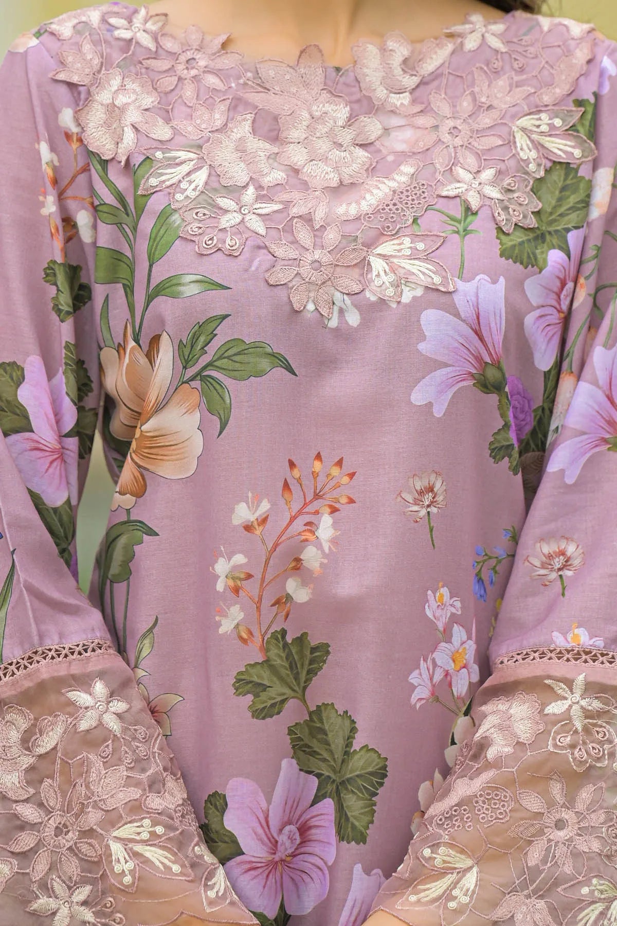Floral embroidered garment with a focus on intricate details.
