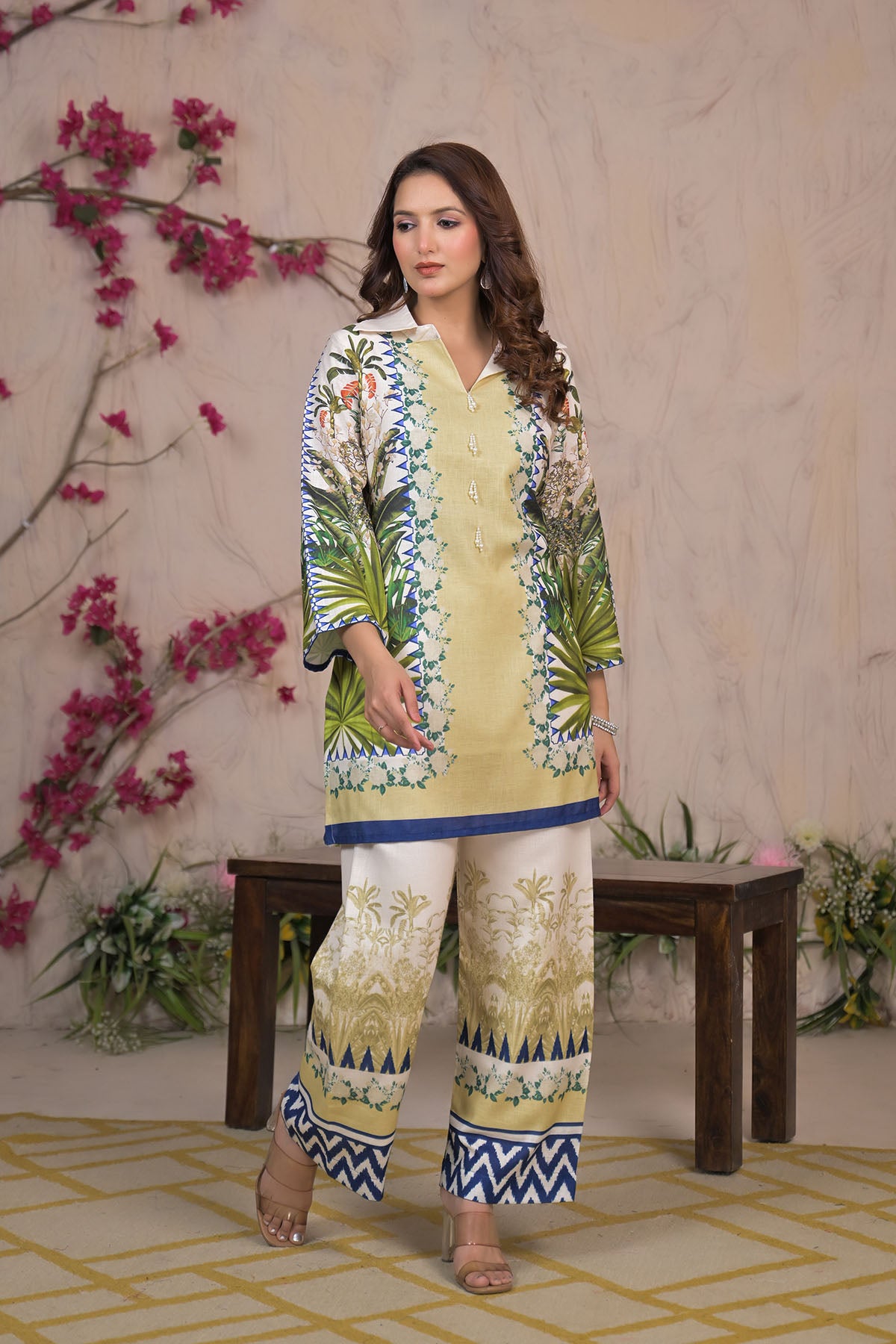 Green Linen Printed Co-Ord Set