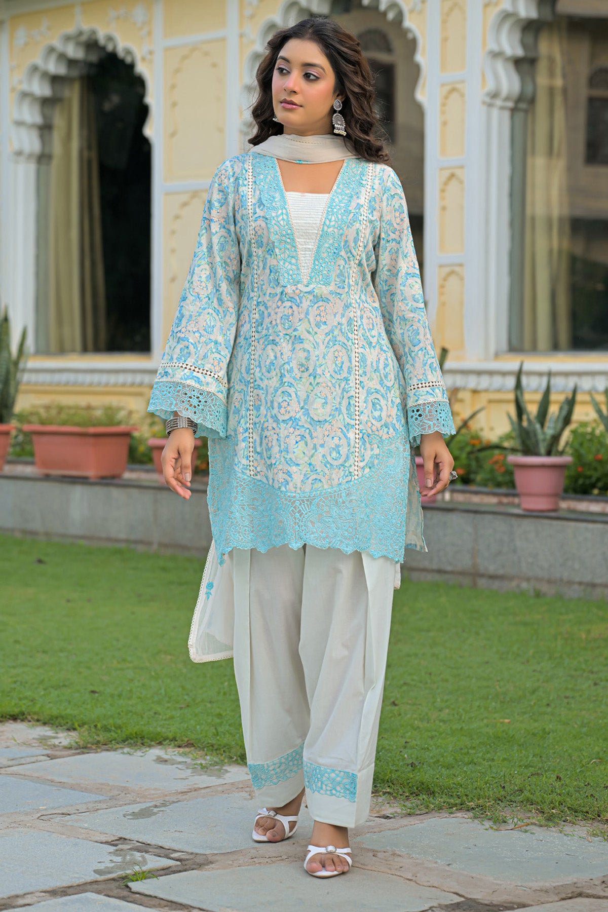Sky Blue Cotton Handwork Suit Set