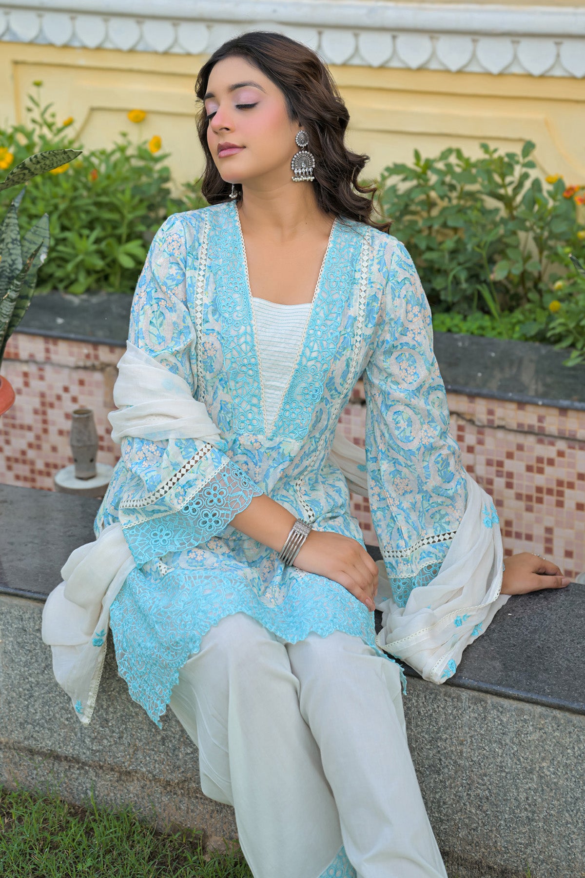Sky Blue Cotton Handwork Suit Set