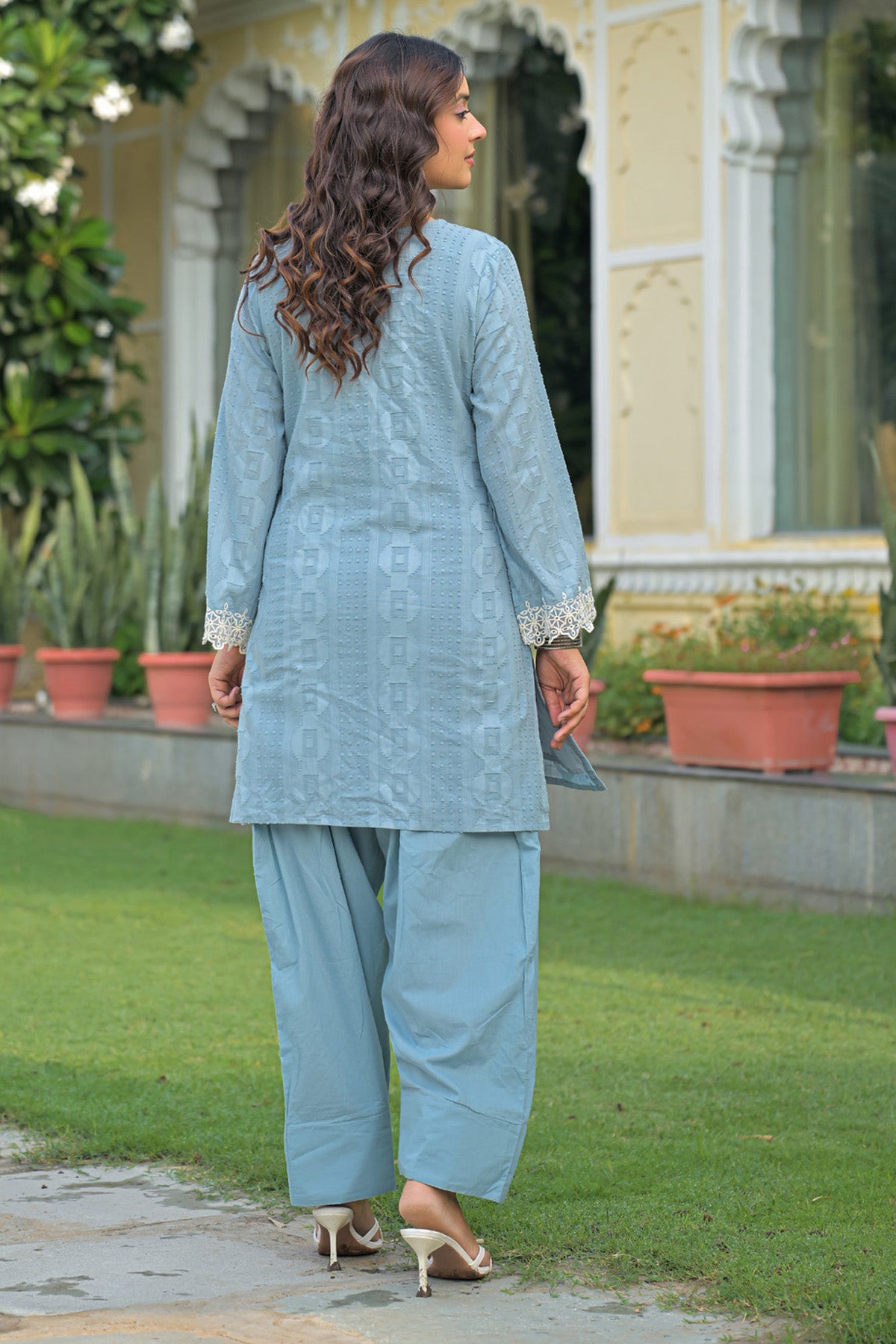 Blue Cotton Handwork Suit Set With Dupatta