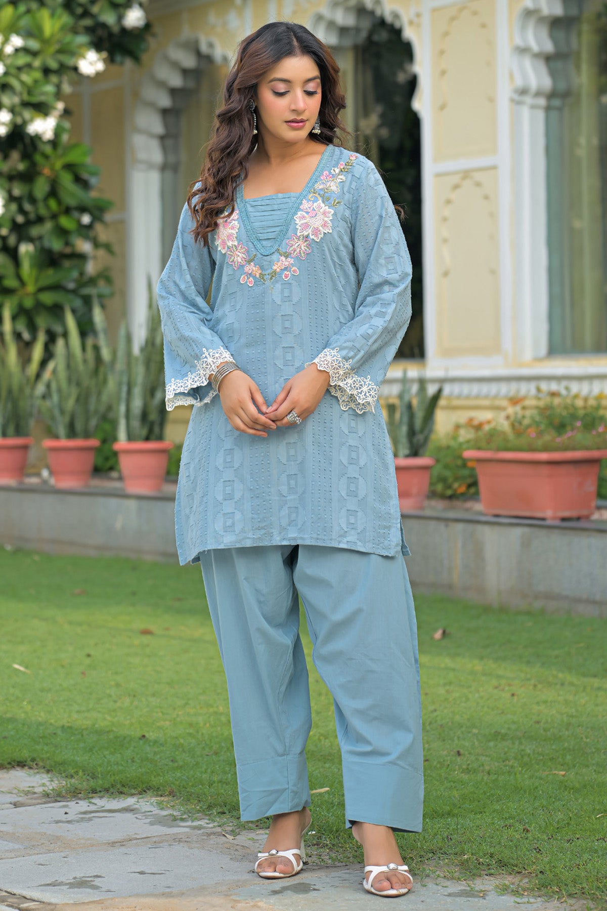 Blue Cotton Handwork Suit Set With Dupatta