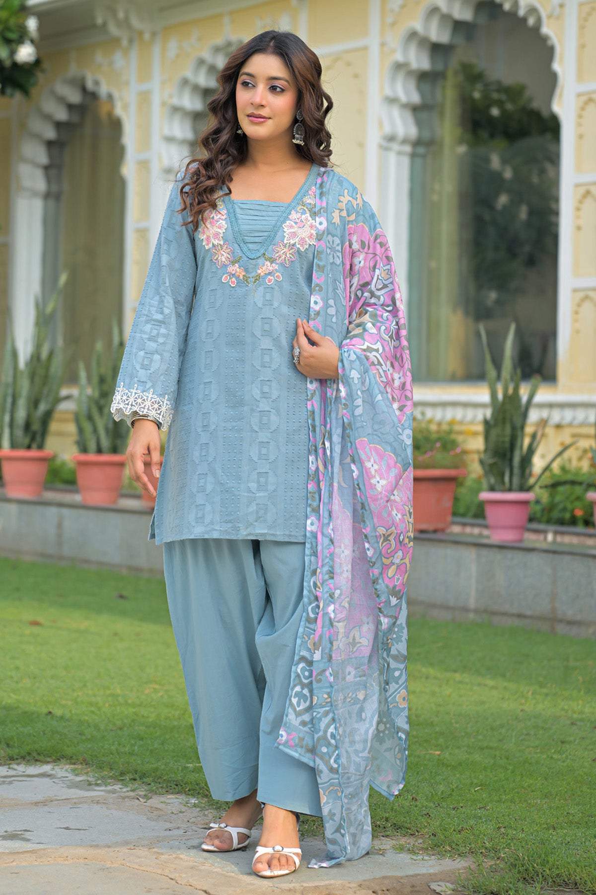 Blue Cotton Handwork Suit Set With Dupatta