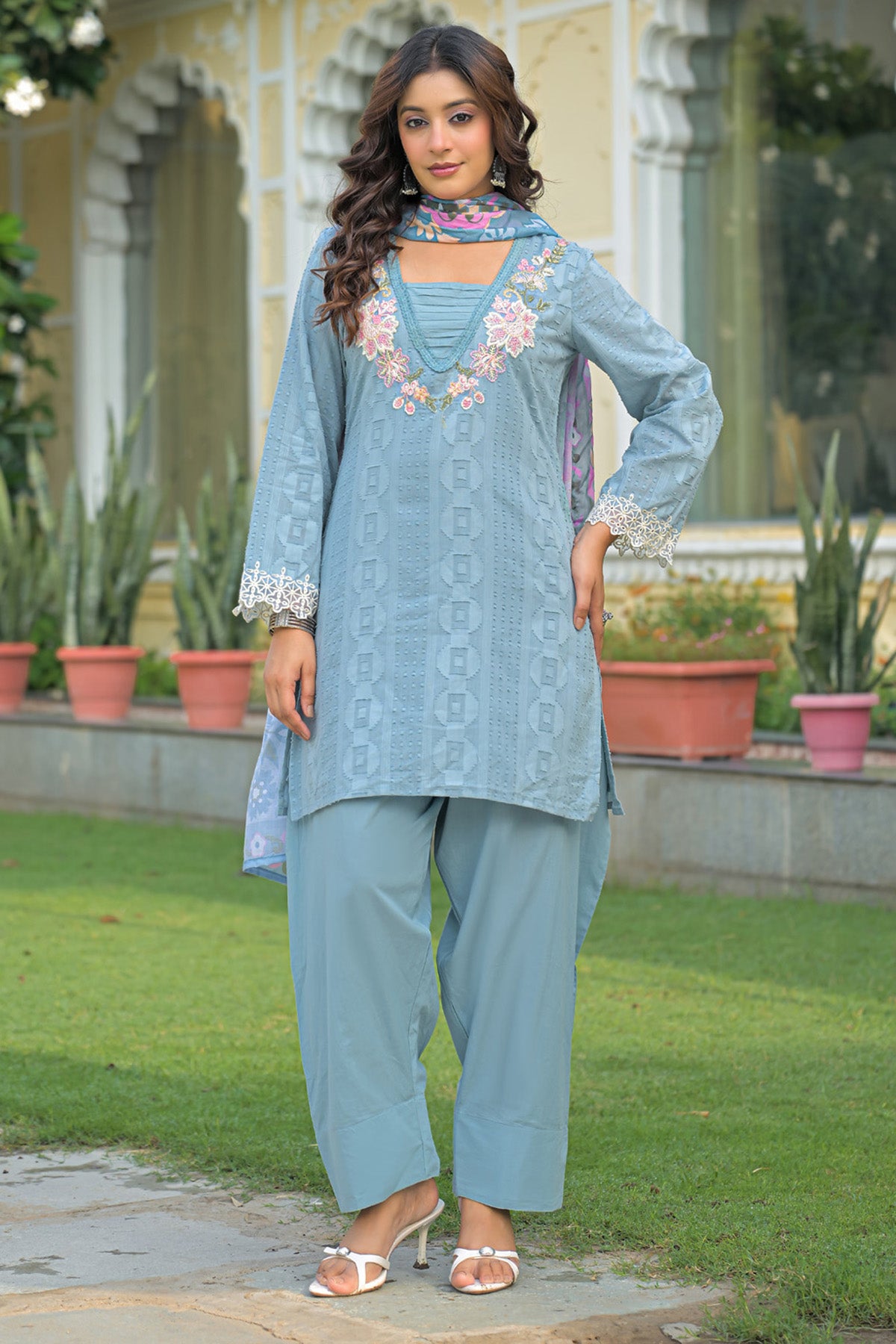 Blue Cotton Handwork Suit Set With Dupatta