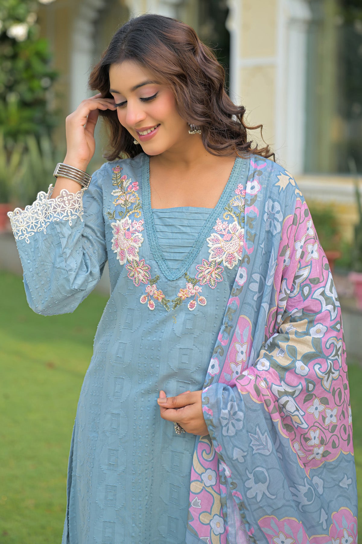 Blue Cotton Handwork Suit Set With Dupatta