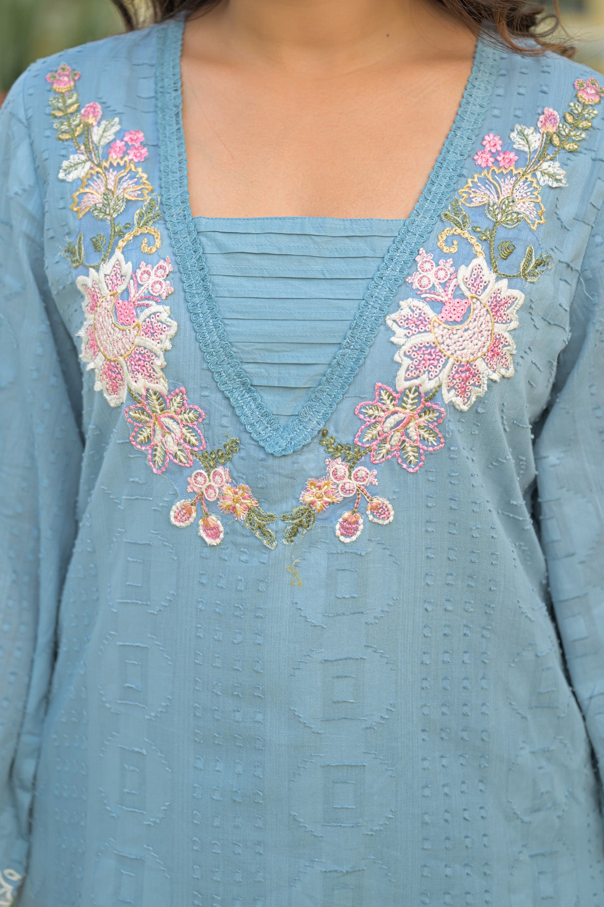 Blue Cotton Handwork Suit Set With Dupatta