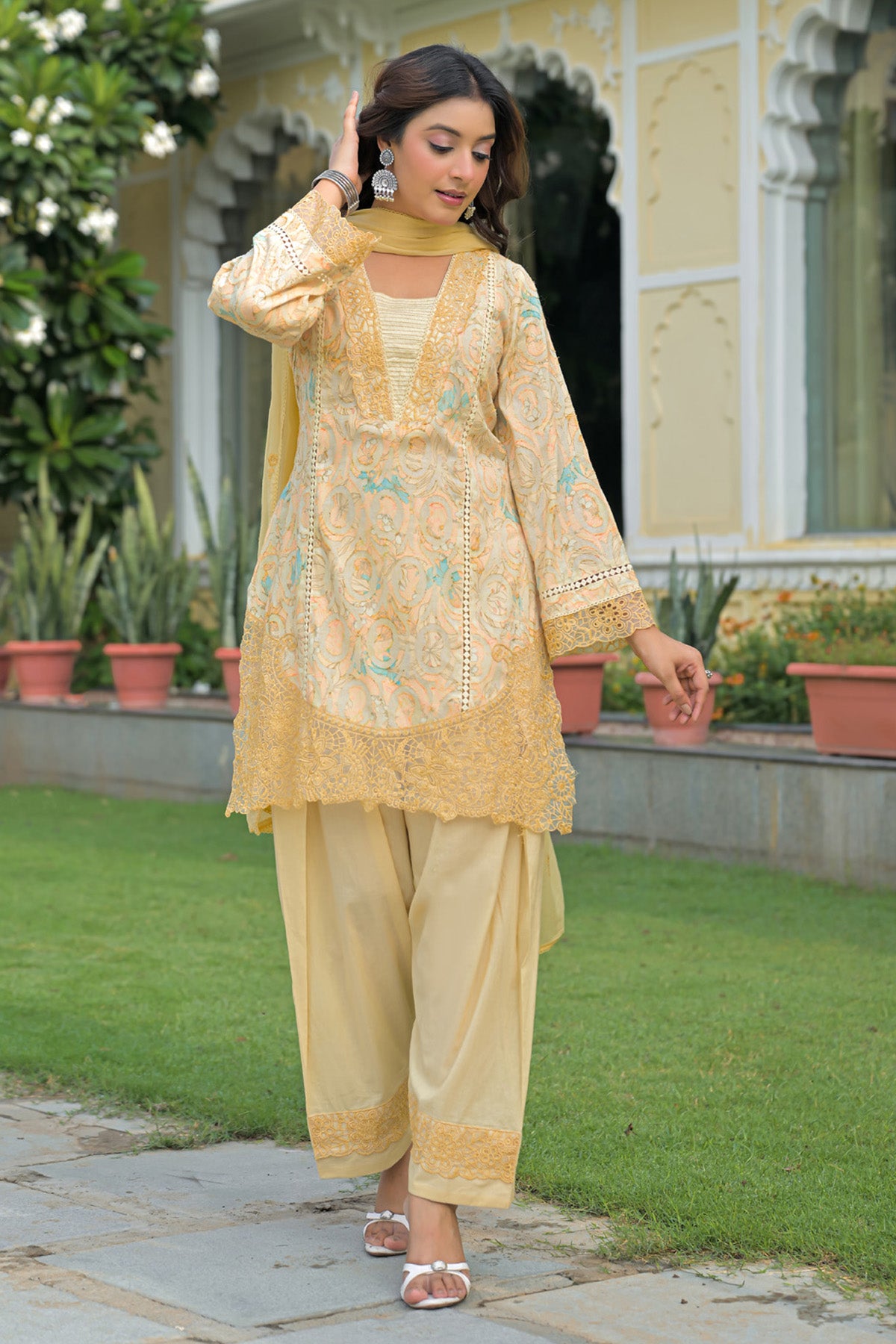 Yellow Cotton Handwork Suit Set