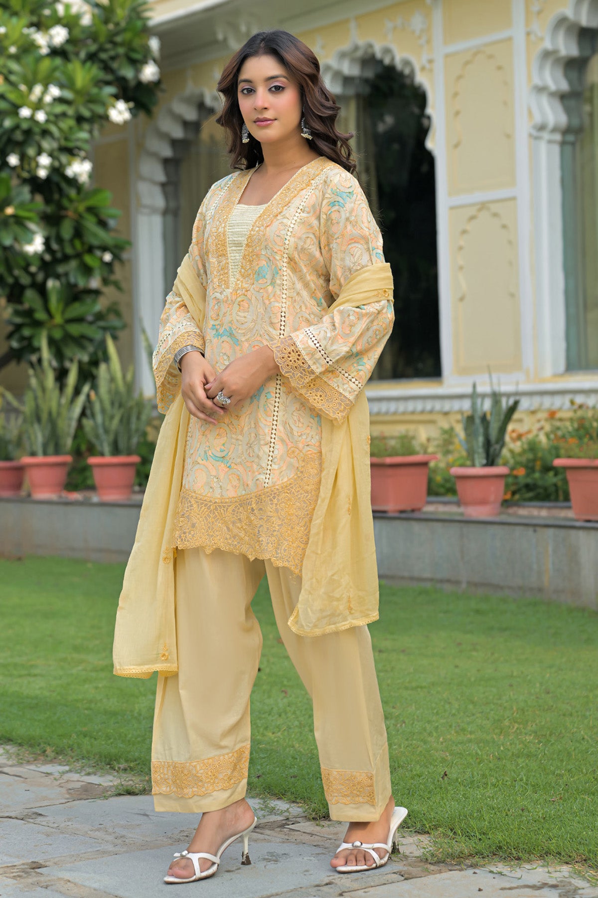 Yellow Cotton Handwork Suit Set