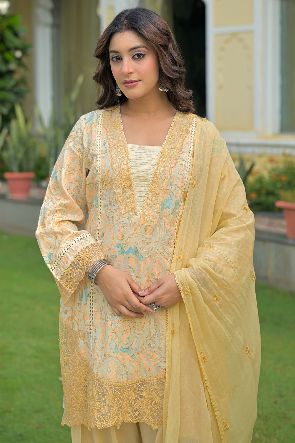 Yellow Cotton Handwork Suit Set