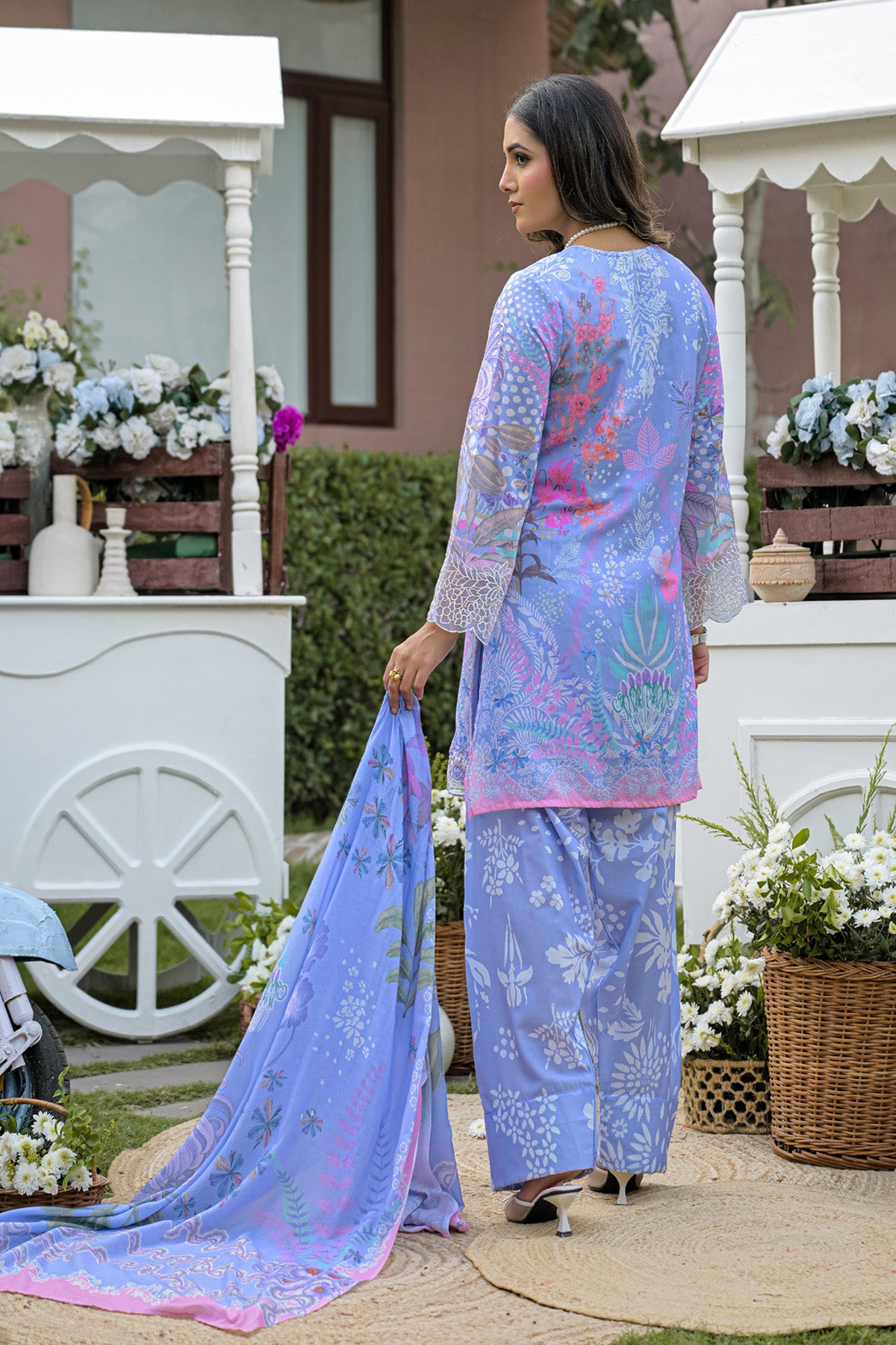Periwinkle Blue Cotton Printed Embroidered Farshi Suit Set With Dupatta