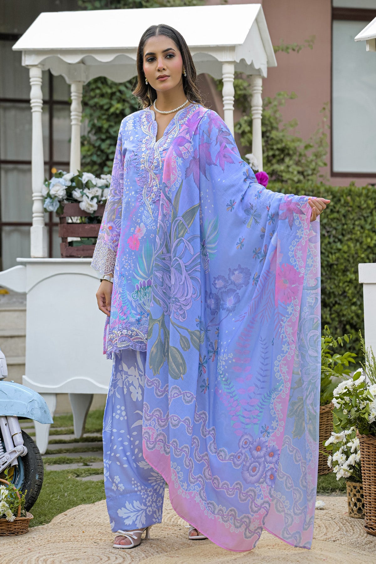 Periwinkle Blue Cotton Printed Embroidered Farshi Suit Set With Dupatta