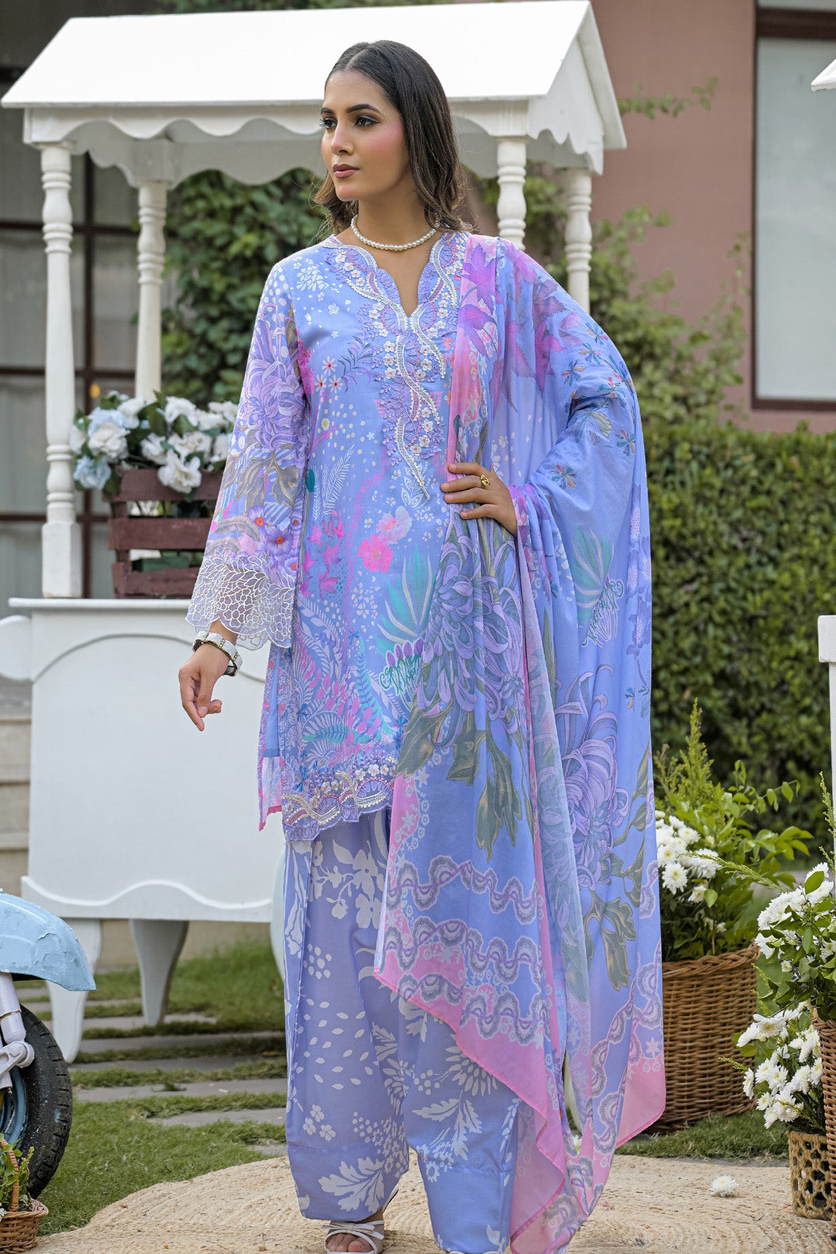 Periwinkle Blue Cotton Printed Embroidered Farshi Suit Set With Dupatta