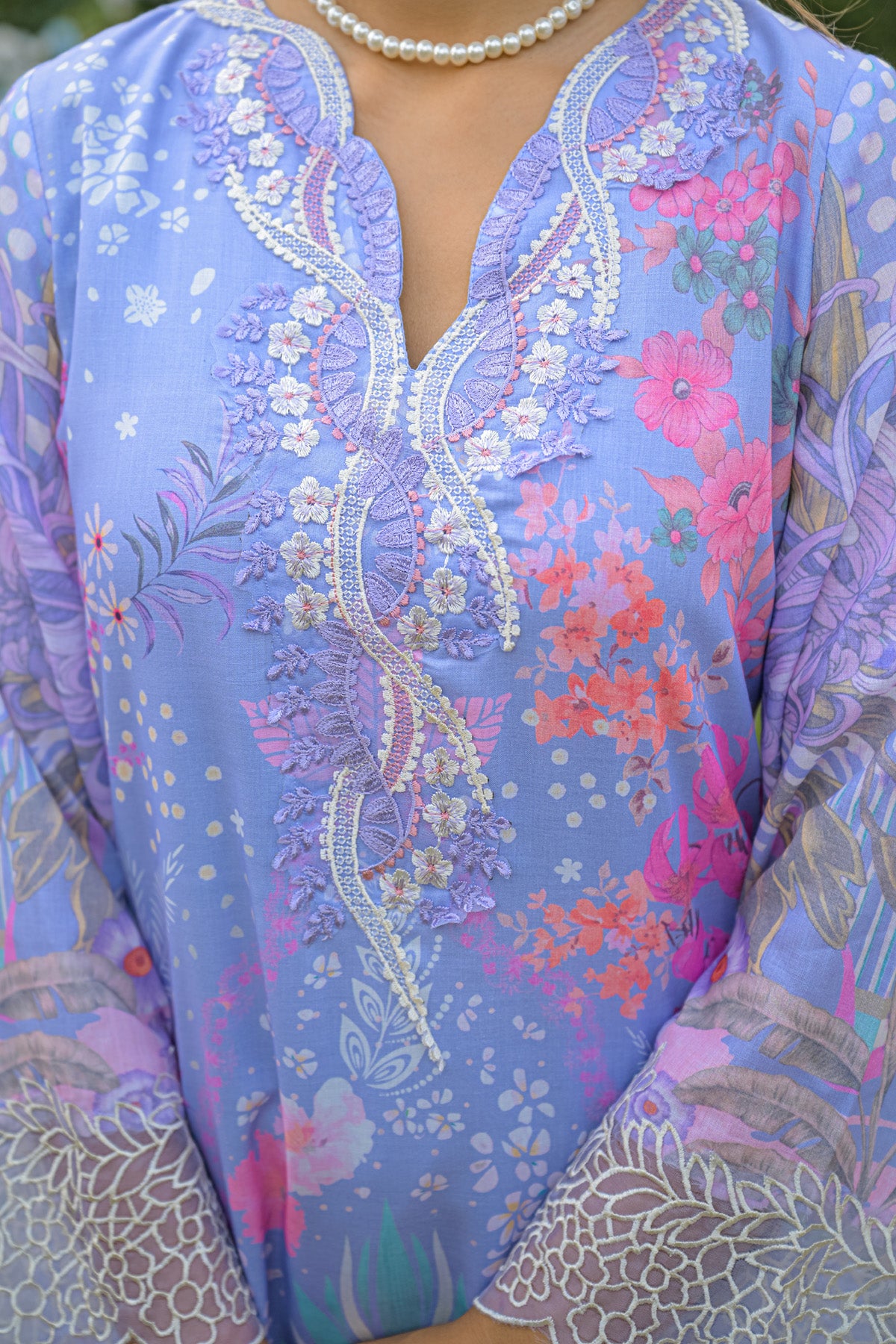 Periwinkle Blue Cotton Printed Embroidered Farshi Suit Set With Dupatta