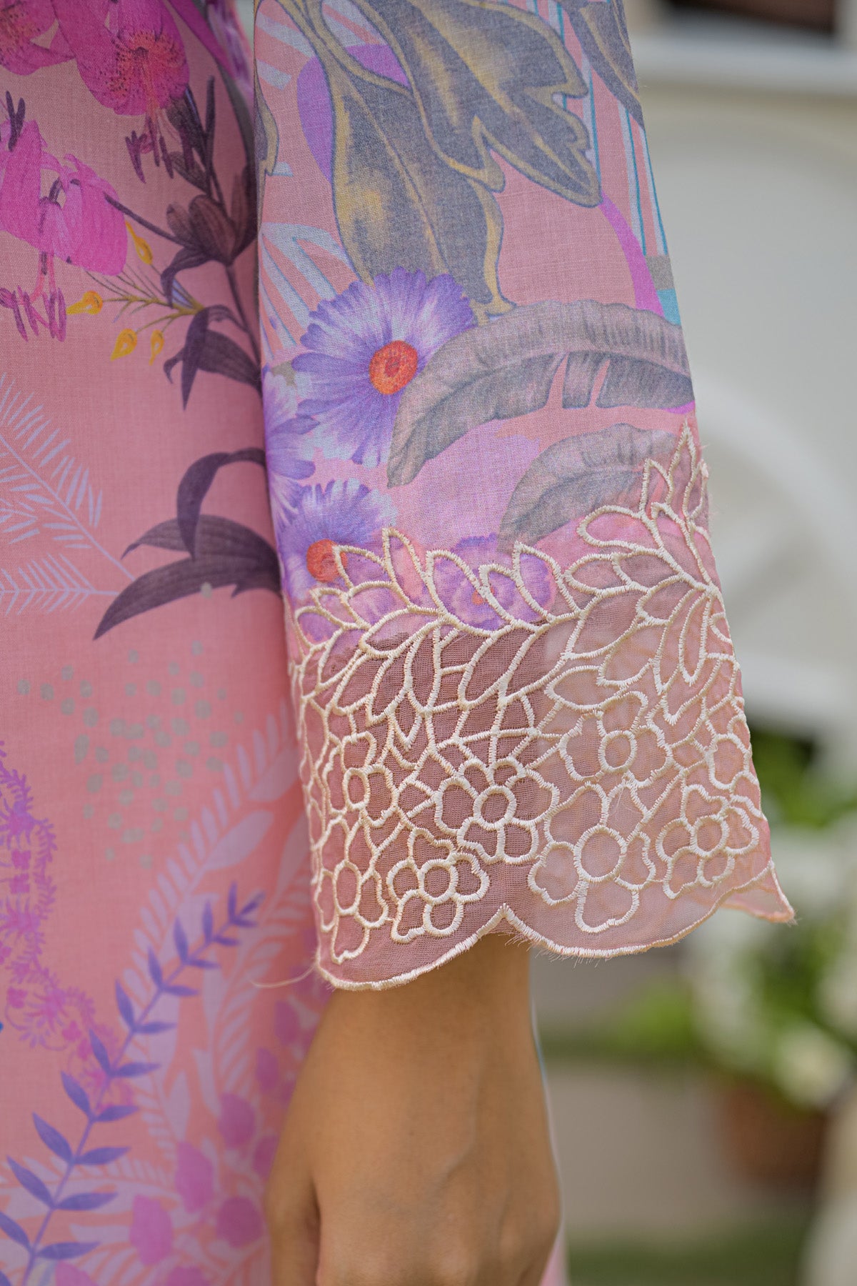 Peach Pink Cotton Printed Embroidered Farshi Suit Set With Dupatta