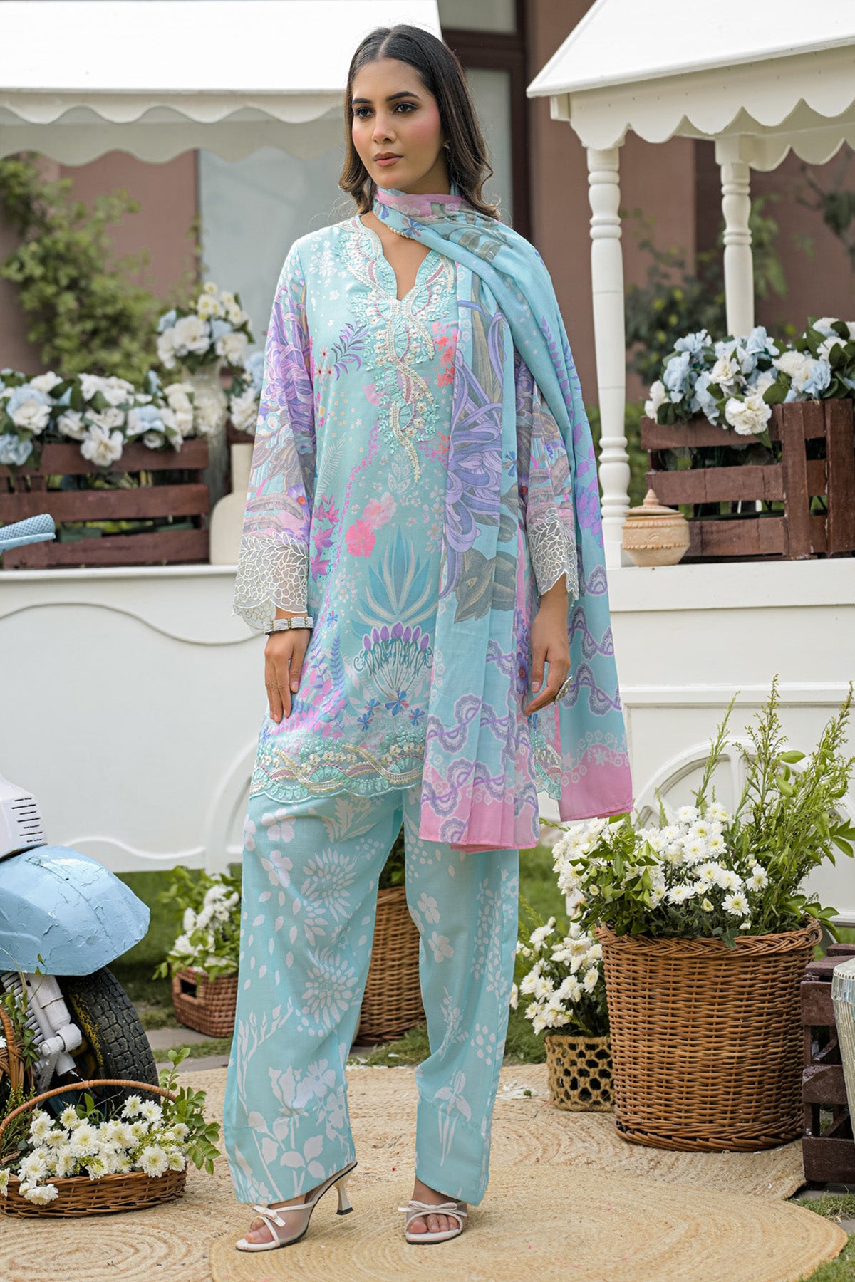 Aqua Blue Cotton Printed Embroidered Farshi Suit Set With Dupatta