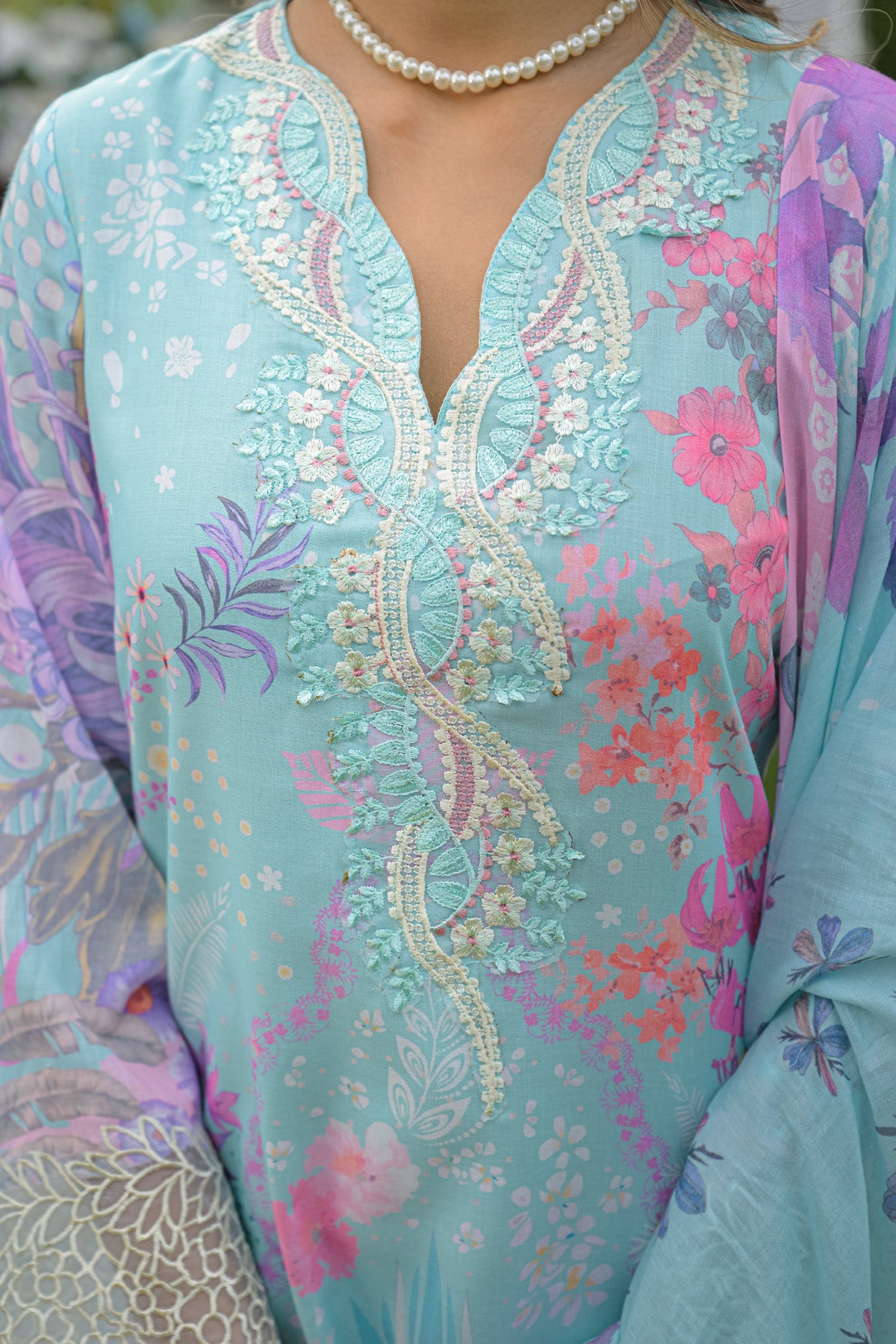 Aqua Blue Cotton Printed Embroidered Farshi Suit Set With Dupatta
