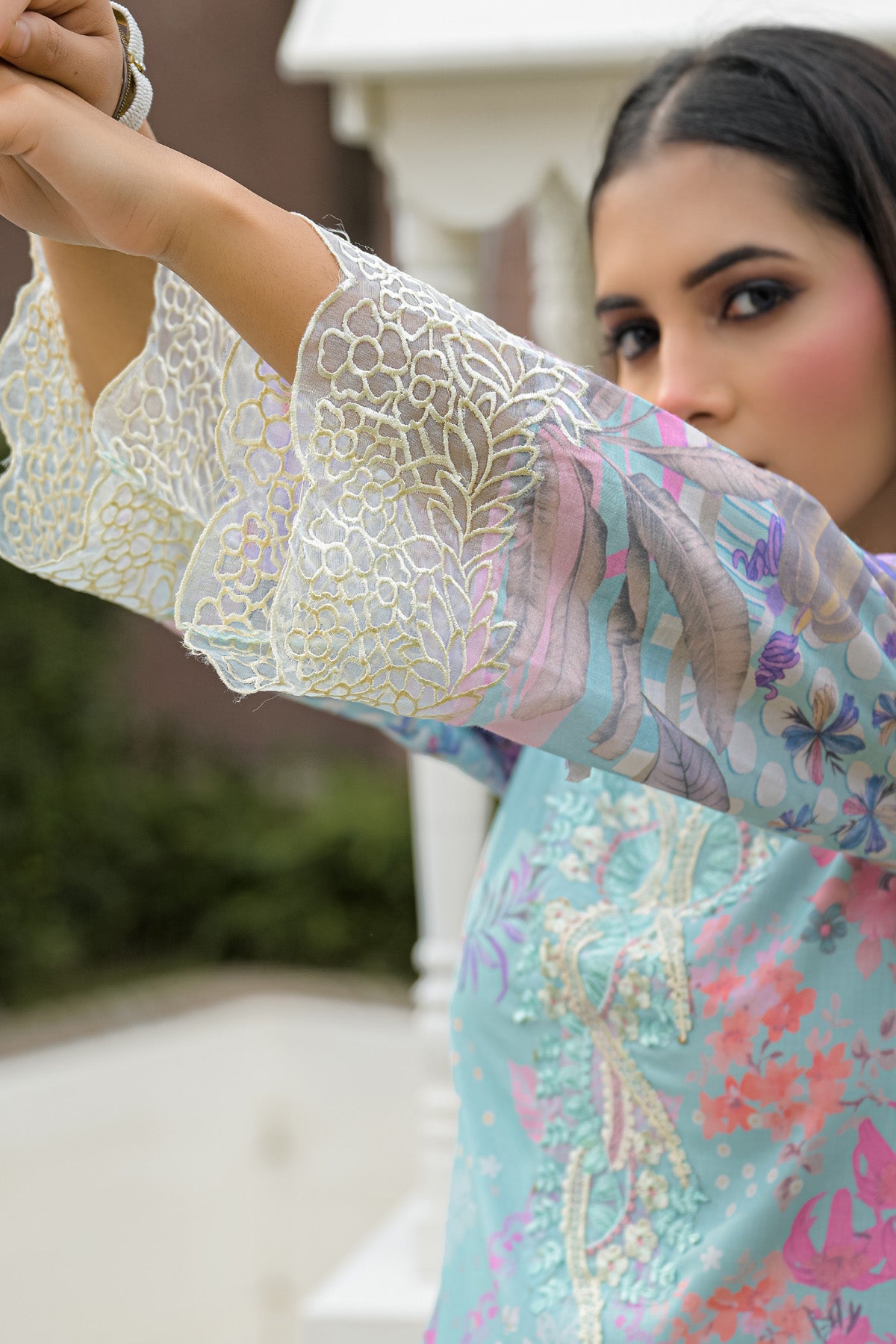 Aqua Blue Cotton Printed Embroidered Farshi Suit Set With Dupatta