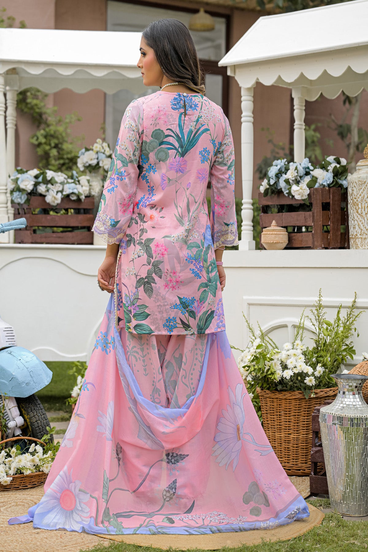 Baby Pink Cotton Embroidered Farshi Suit Set With Dupatta