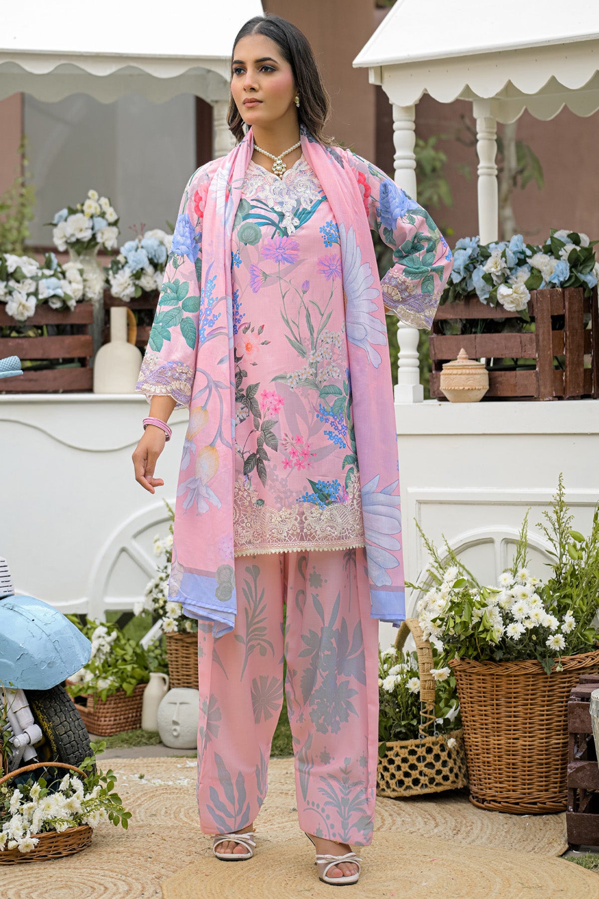 Baby Pink Cotton Embroidered Farshi Suit Set With Dupatta