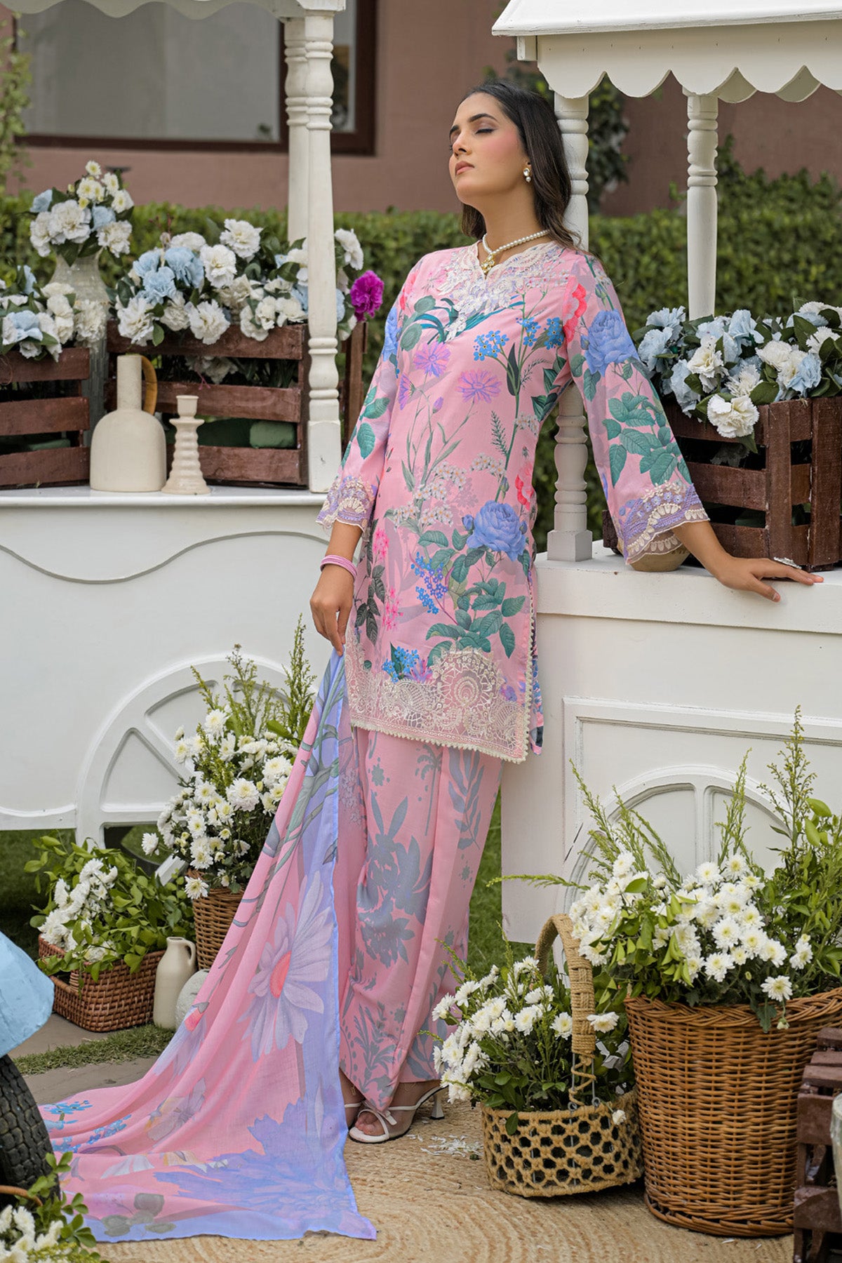 Baby Pink Cotton Embroidered Farshi Suit Set With Dupatta