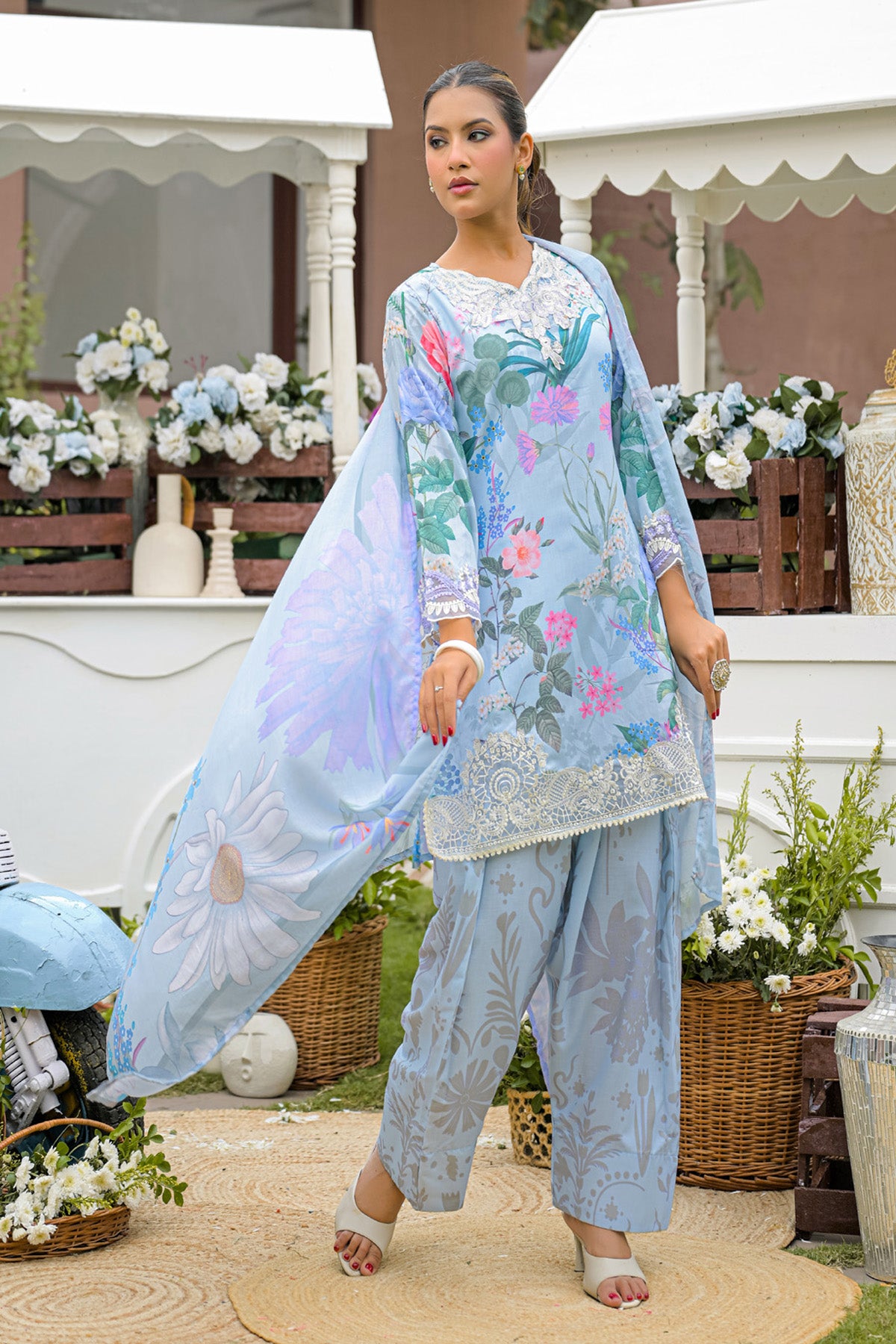 Powder Blue Cotton Embroidered Farshi Suit Set With Dupatta