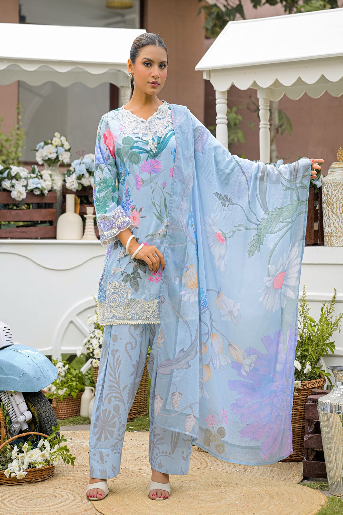 Powder Blue Cotton Embroidered Farshi Suit Set With Dupatta