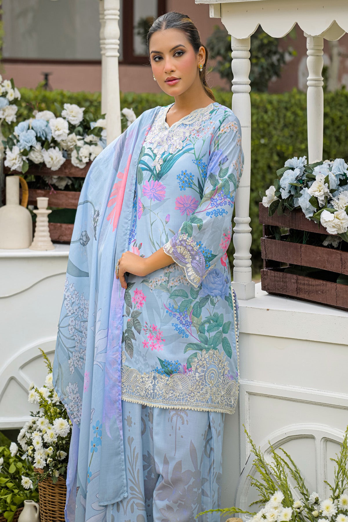 Powder Blue Cotton Embroidered Farshi Suit Set With Dupatta