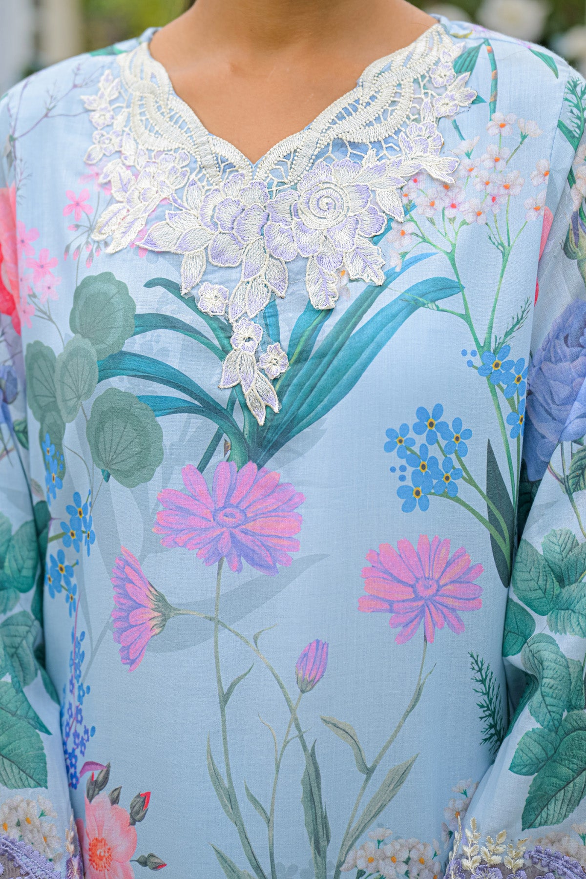 Powder Blue Cotton Embroidered Farshi Suit Set With Dupatta