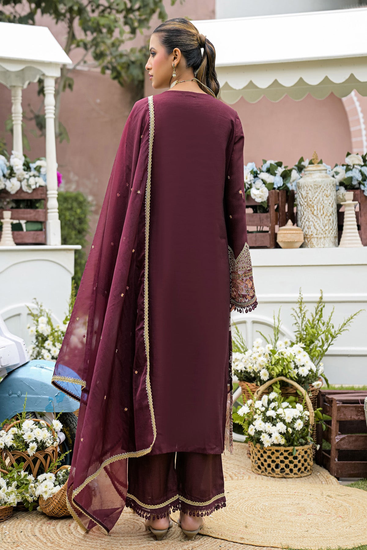 Burgundy Silk Blend/chambray Embroidered Straight Suit Set With Dupatta
