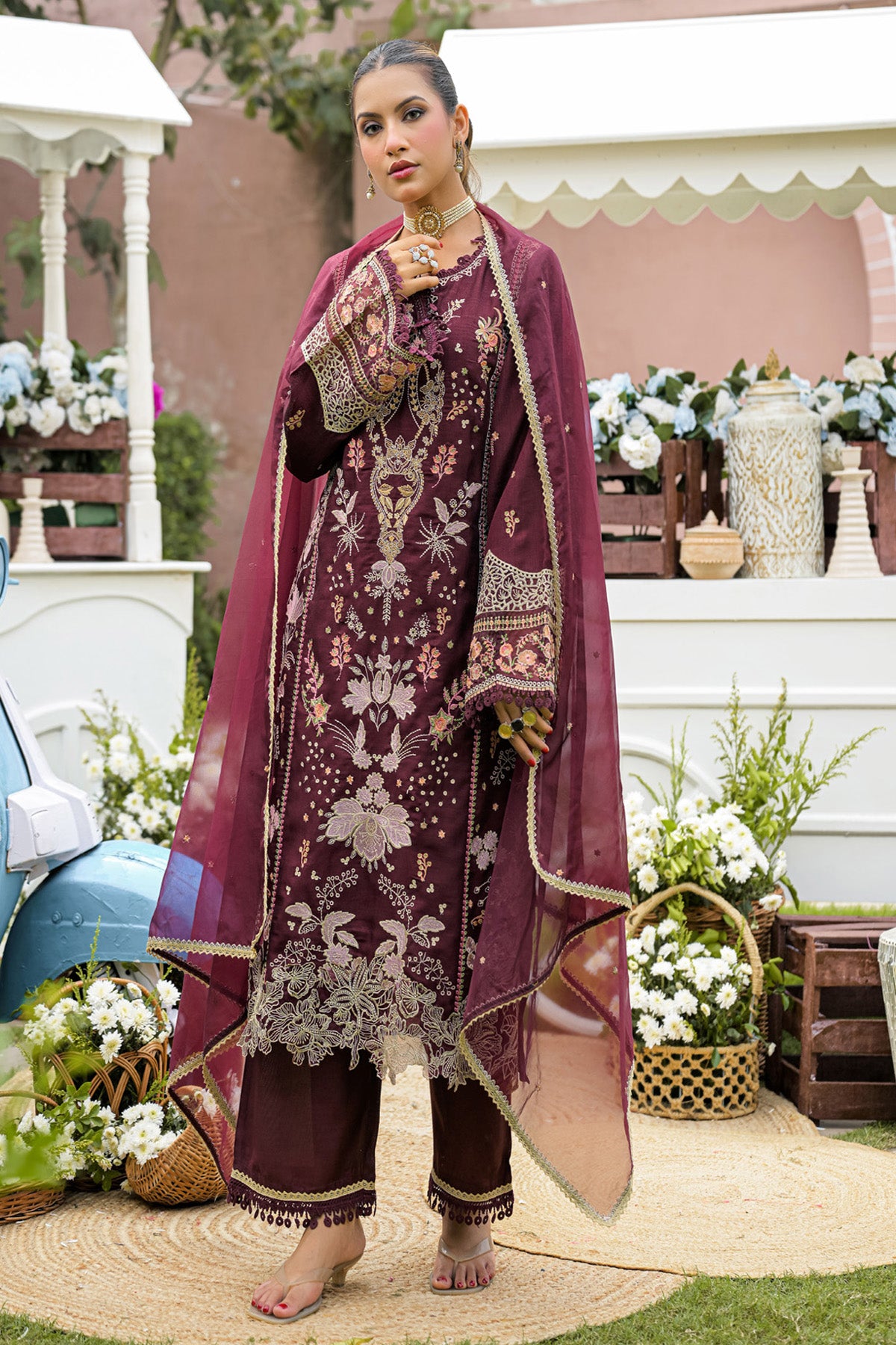 Burgundy Silk Blend/chambray Embroidered Straight Suit Set With Dupatta