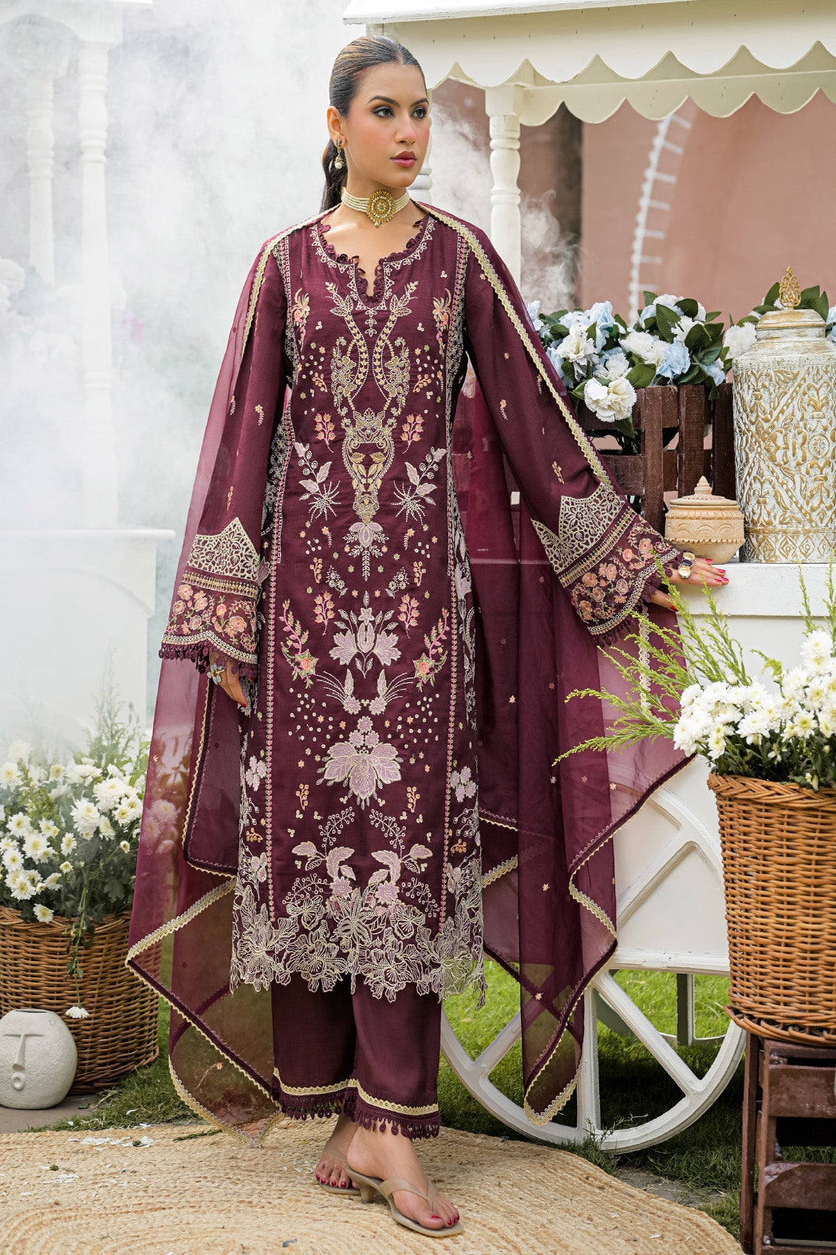 Burgundy Silk Blend/chambray Embroidered Straight Suit Set With Dupatta