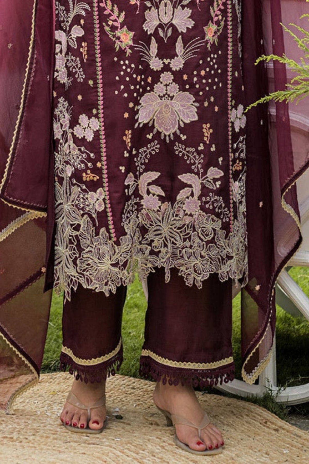 Burgundy Silk Blend/chambray Embroidered Straight Suit Set With Dupatta