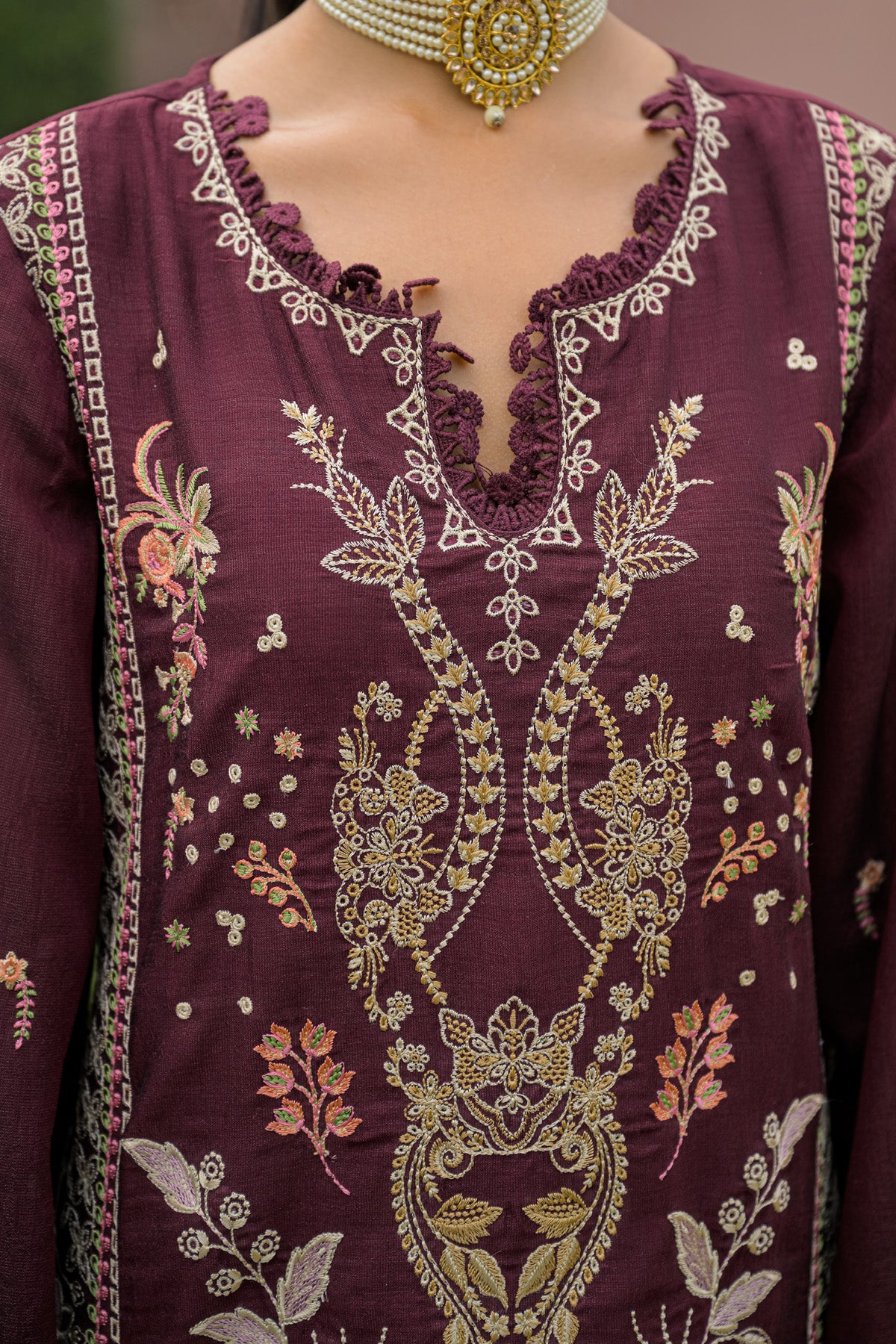 Burgundy Silk Blend/chambray Embroidered Straight Suit Set With Dupatta