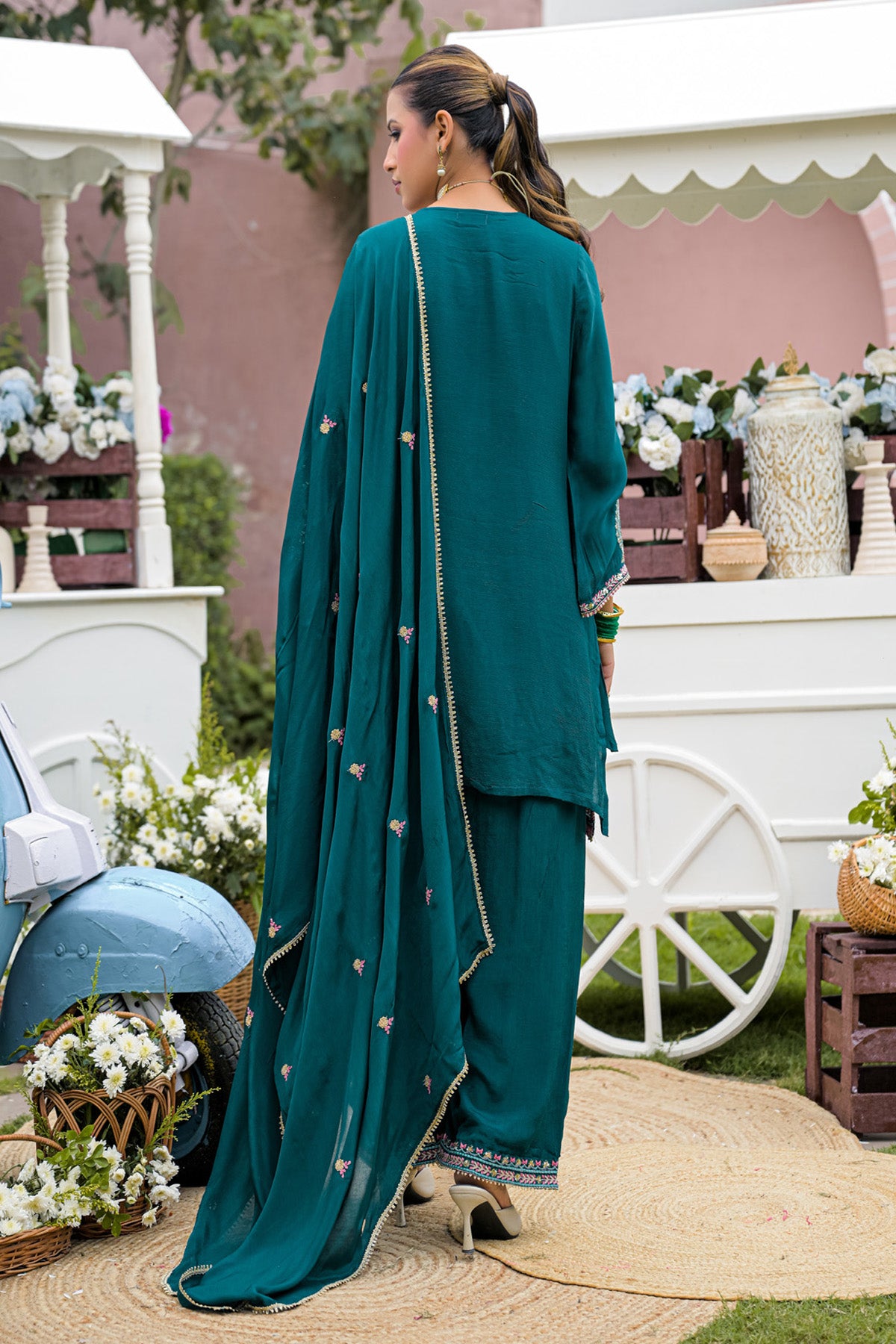 Deep Teal Chinnon Embroidered Straight Suit Set With Dupatta