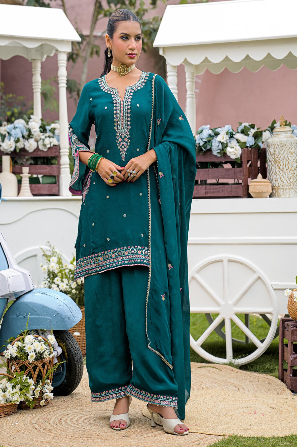 Deep Teal Chinnon Embroidered Straight Suit Set With Dupatta