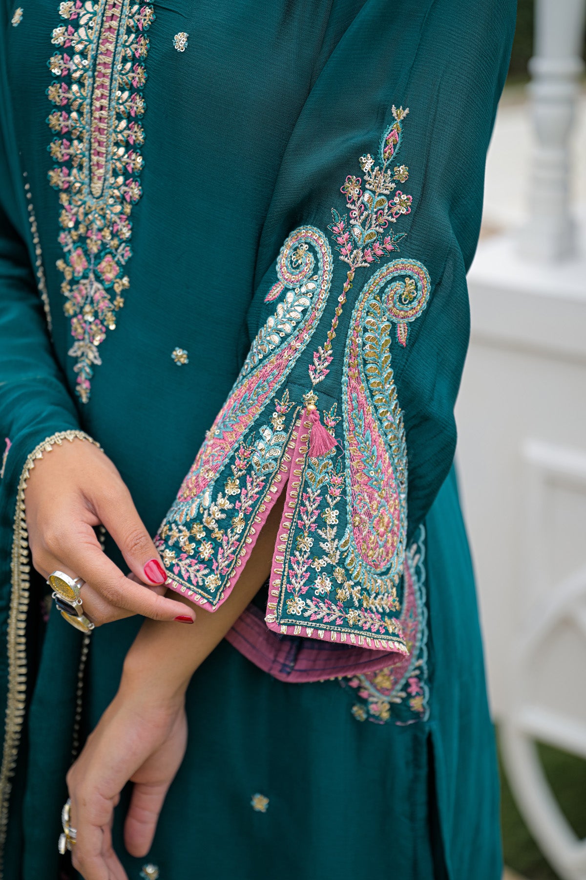 Deep Teal Chinnon Embroidered Straight Suit Set With Dupatta