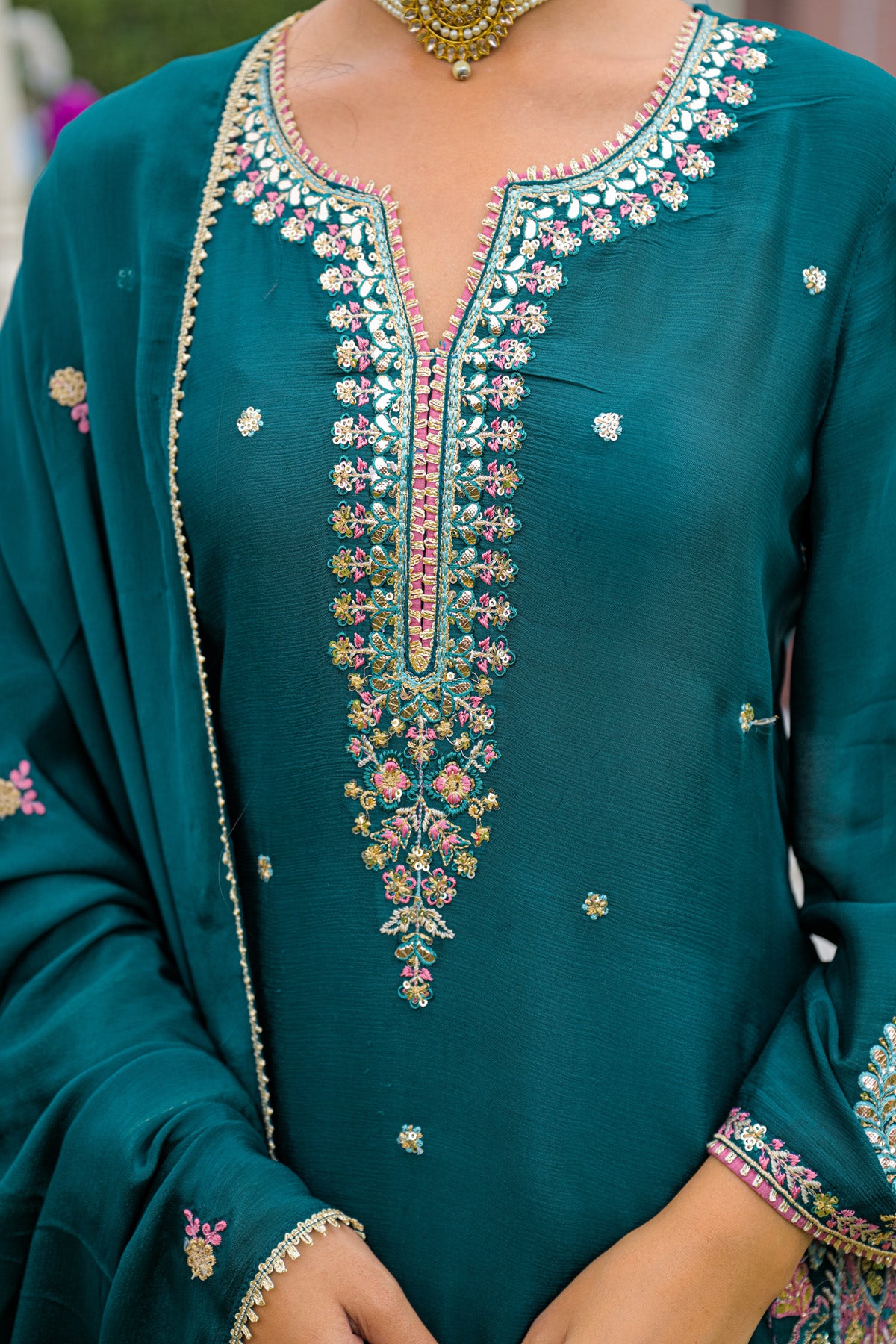 Deep Teal Chinnon Embroidered Straight Suit Set With Dupatta