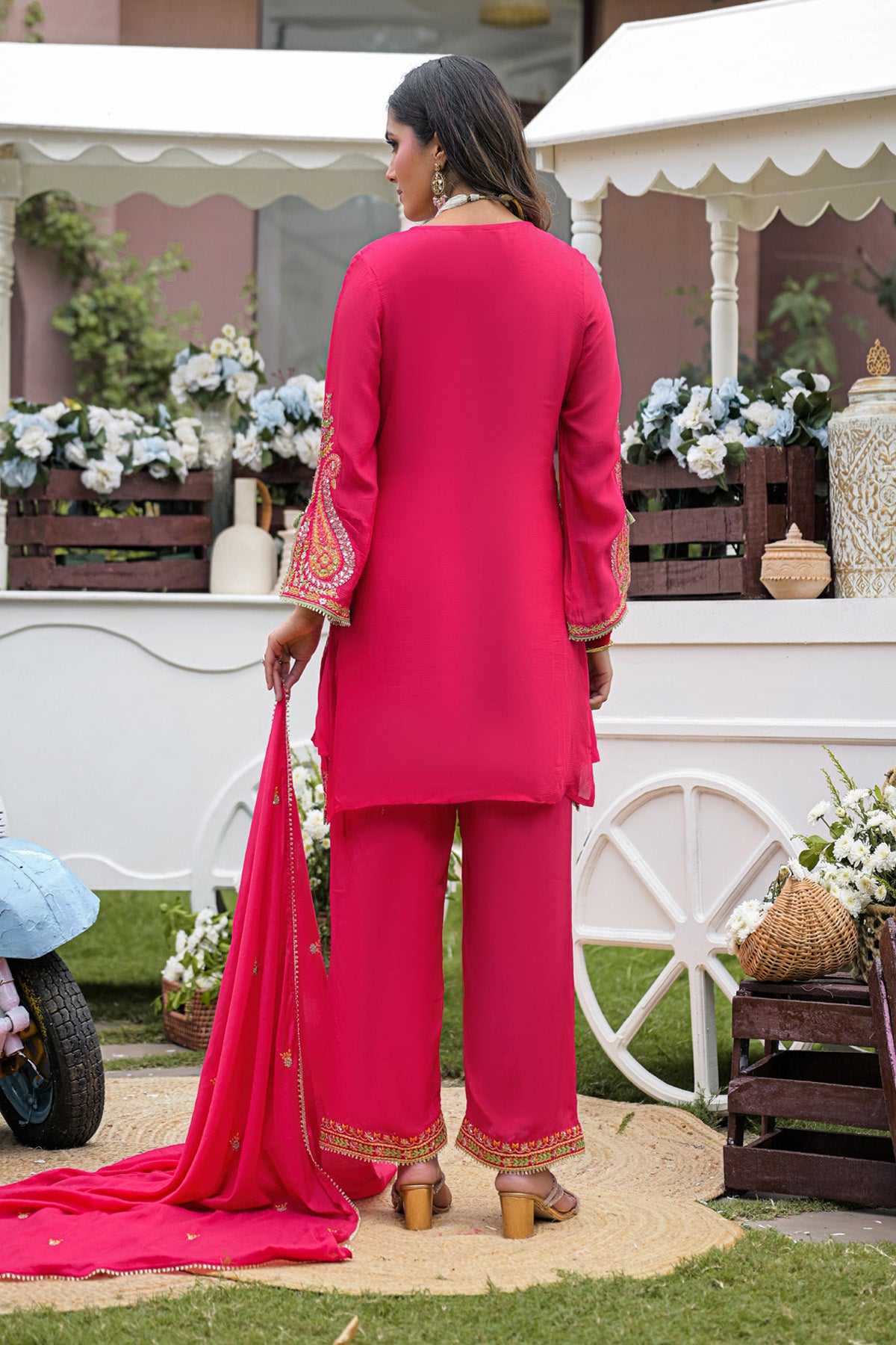 Rani Pink Chinnon Embroidered Straight Suit Set With Dupatta
