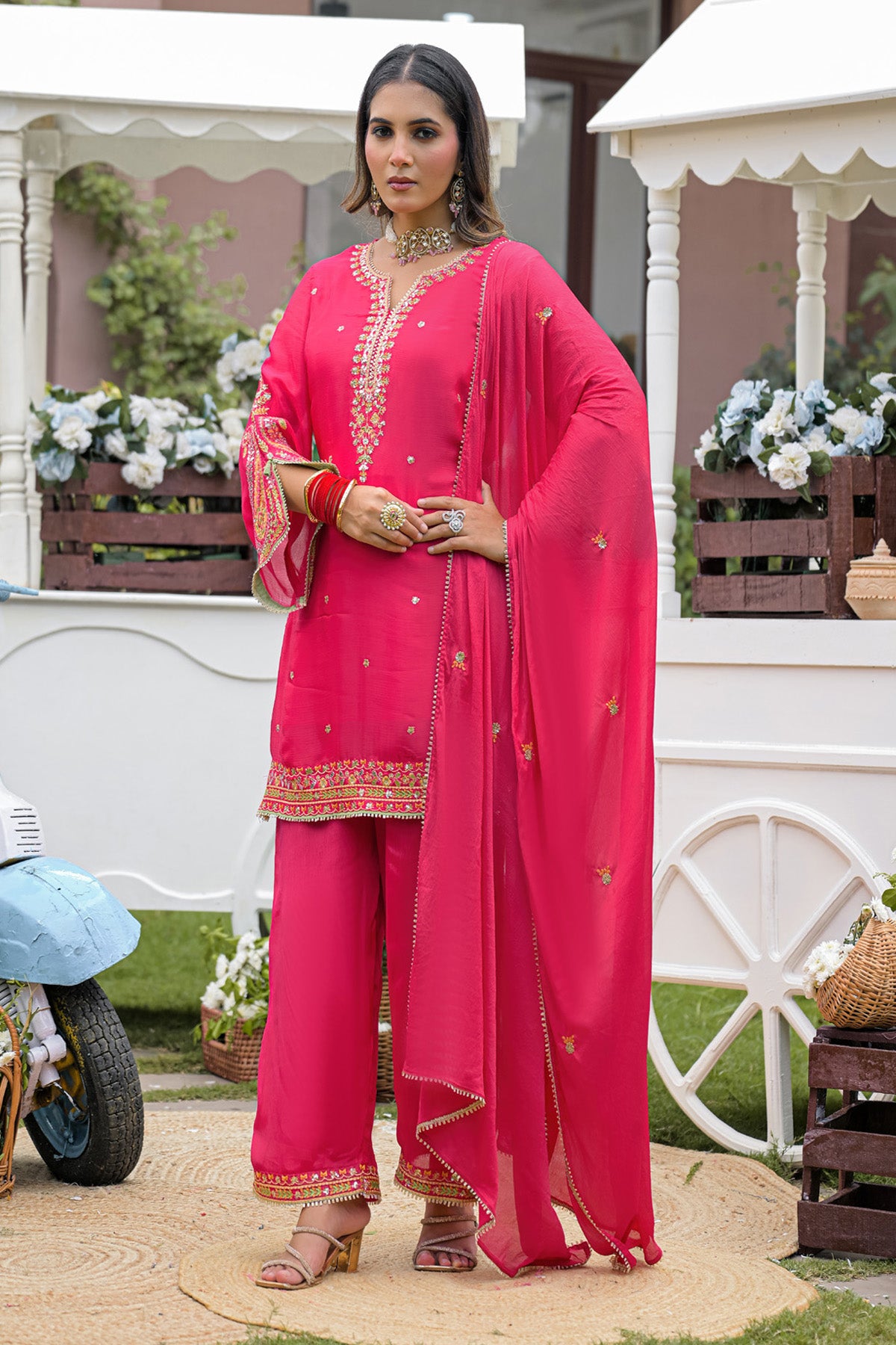 Rani Pink Chinnon Embroidered Straight Suit Set With Dupatta