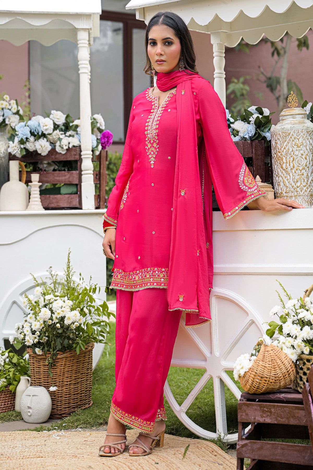 Rani Pink Chinnon Embroidered Straight Suit Set With Dupatta