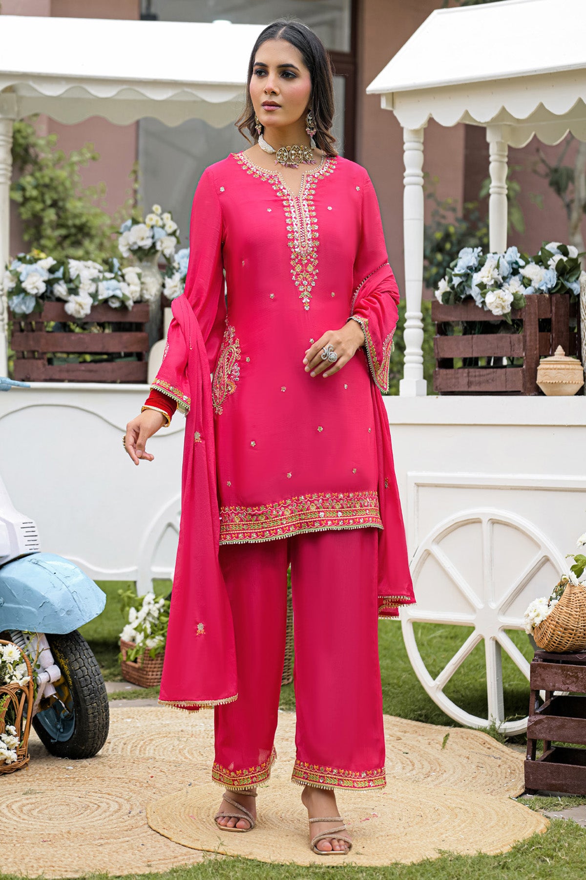 Rani Pink Chinnon Embroidered Straight Suit Set With Dupatta
