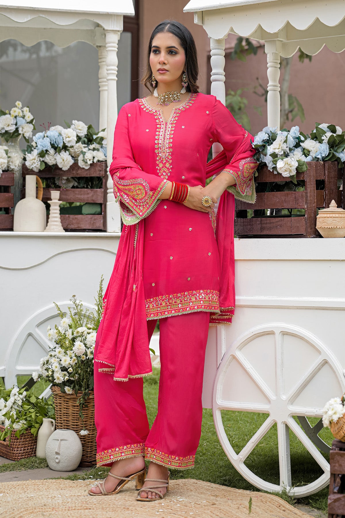 Rani Pink Chinnon Embroidered Straight Suit Set With Dupatta